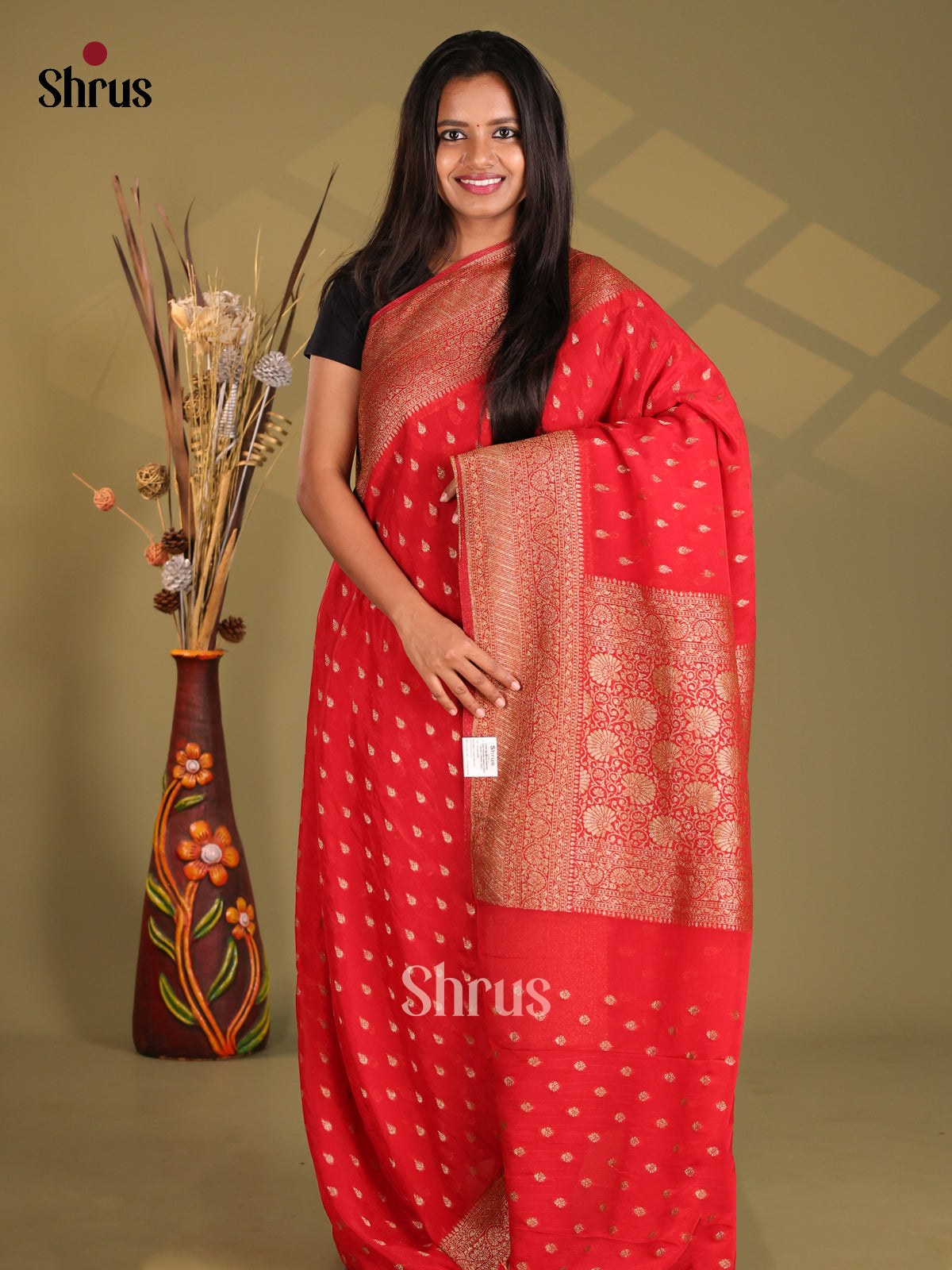 Red - Semi Georgette Saree - Shop on Shrus.com
