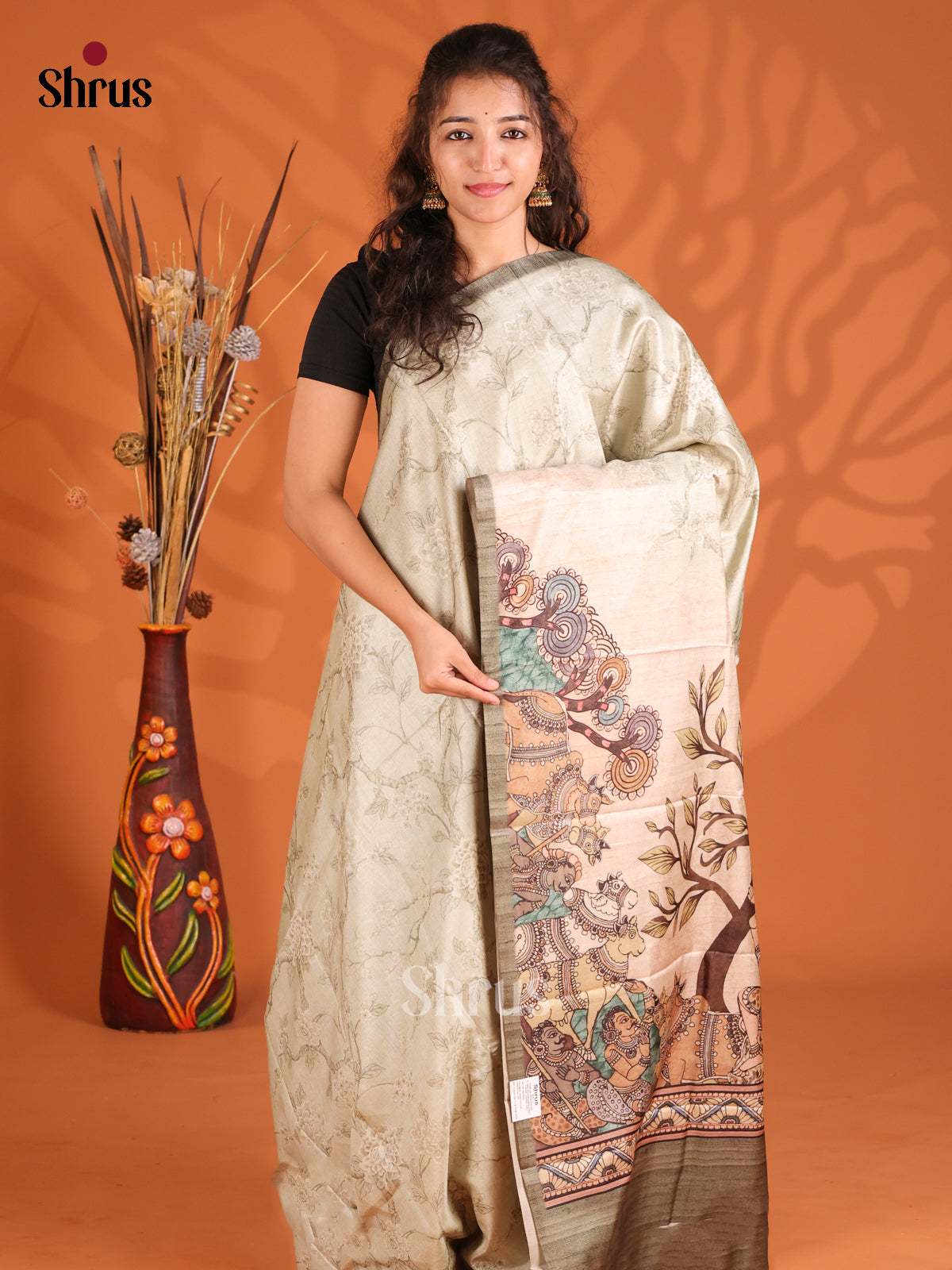 Cream & Grey - Butter silk Saree
