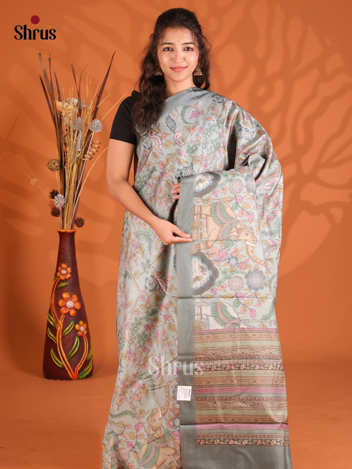 Grey - Butter silk Saree - Shop on Shrus.com