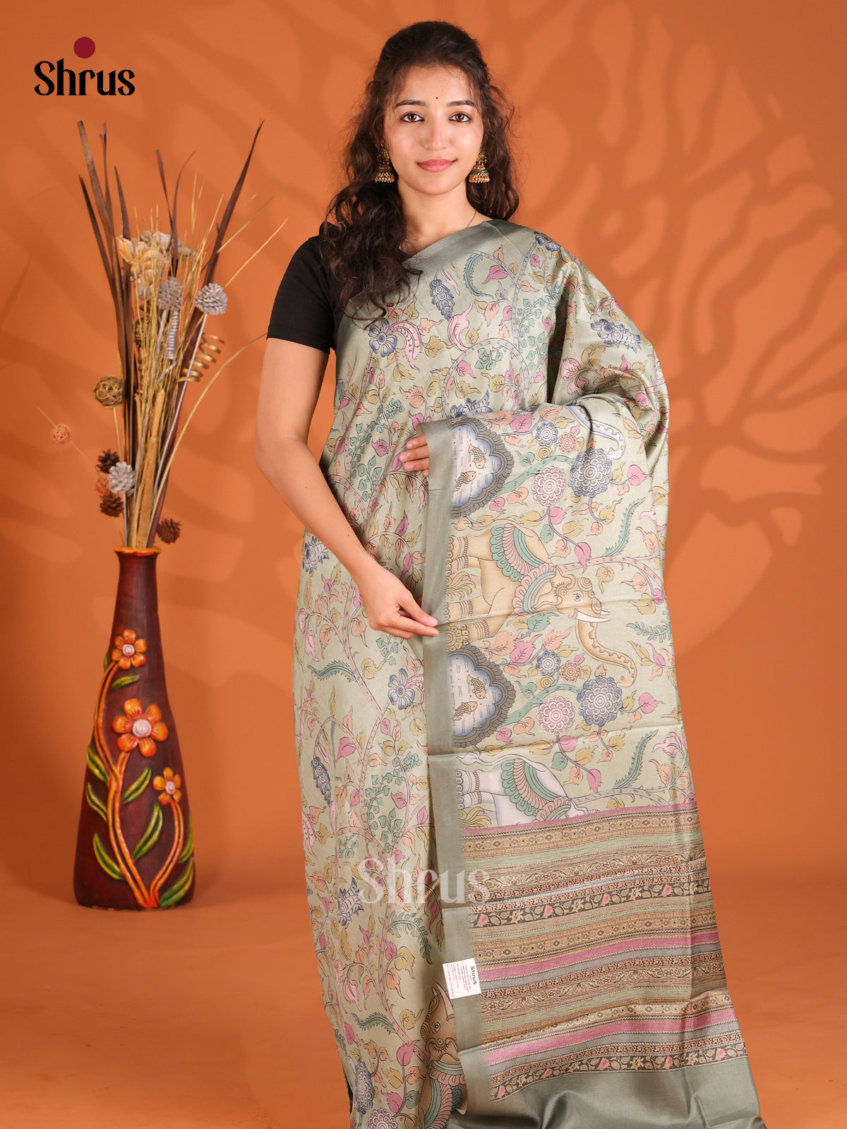 Greyish Green- Butter silk Saree - Shop on Shrus.com