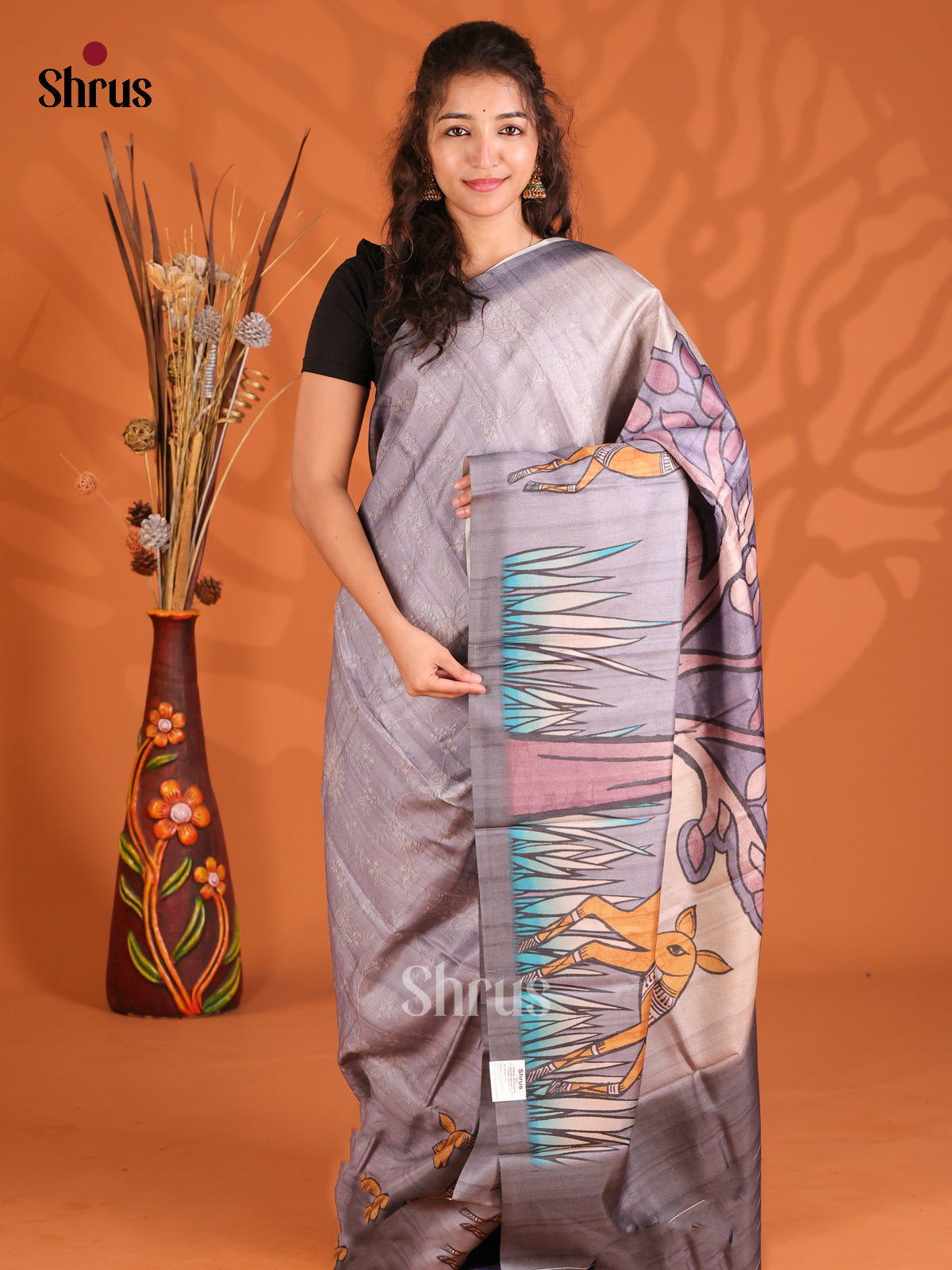Grey - Butter silk Saree - Shop on Shrus.com