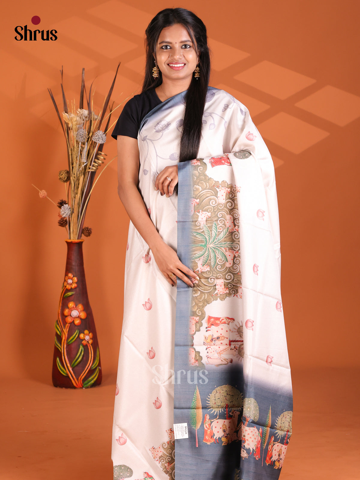 Cream & Grey - Butter silk Saree