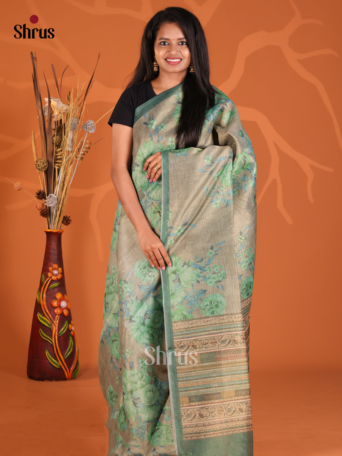 green - Semi Tissue Print Saree - Shop on Shrus.com