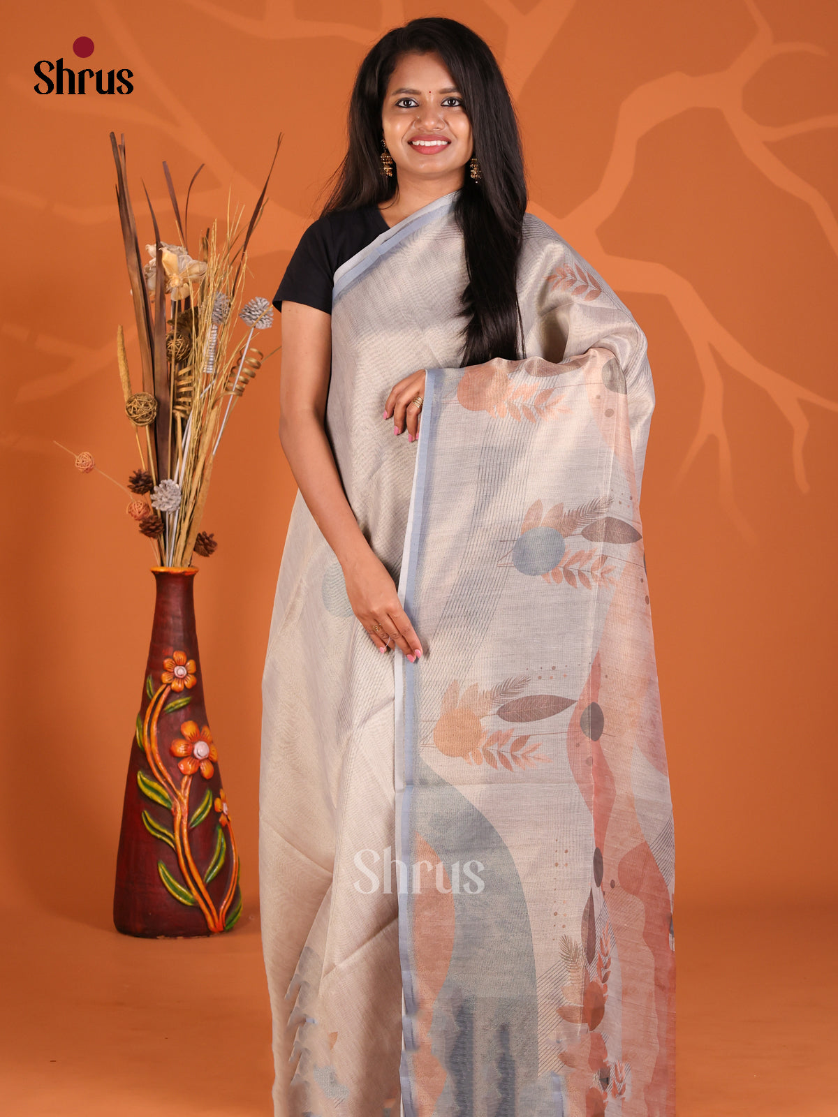 Grey & Blue - Semi Tissue Print Saree