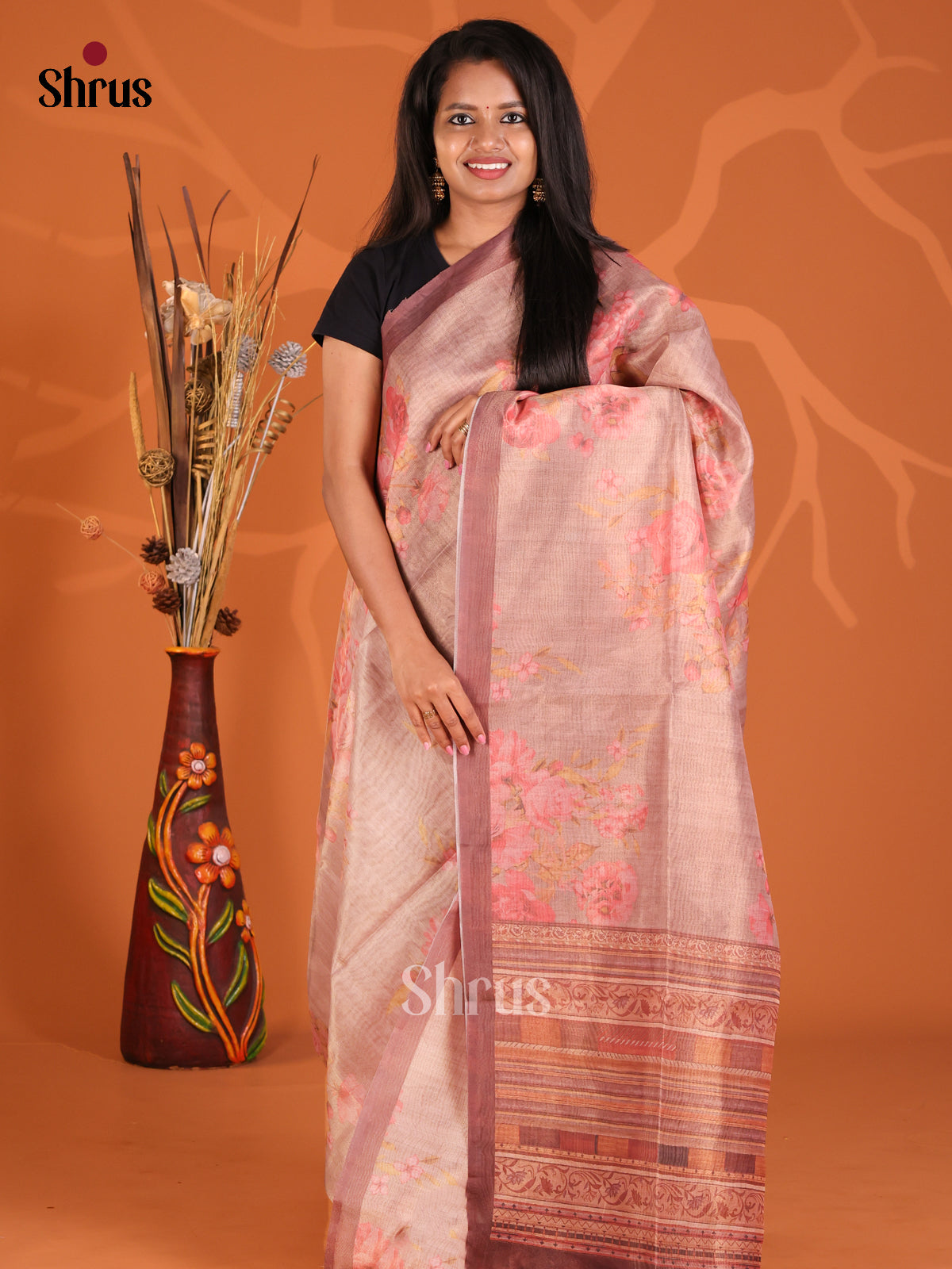 Dusty Pink & Brown - Semi Tissue Print Saree