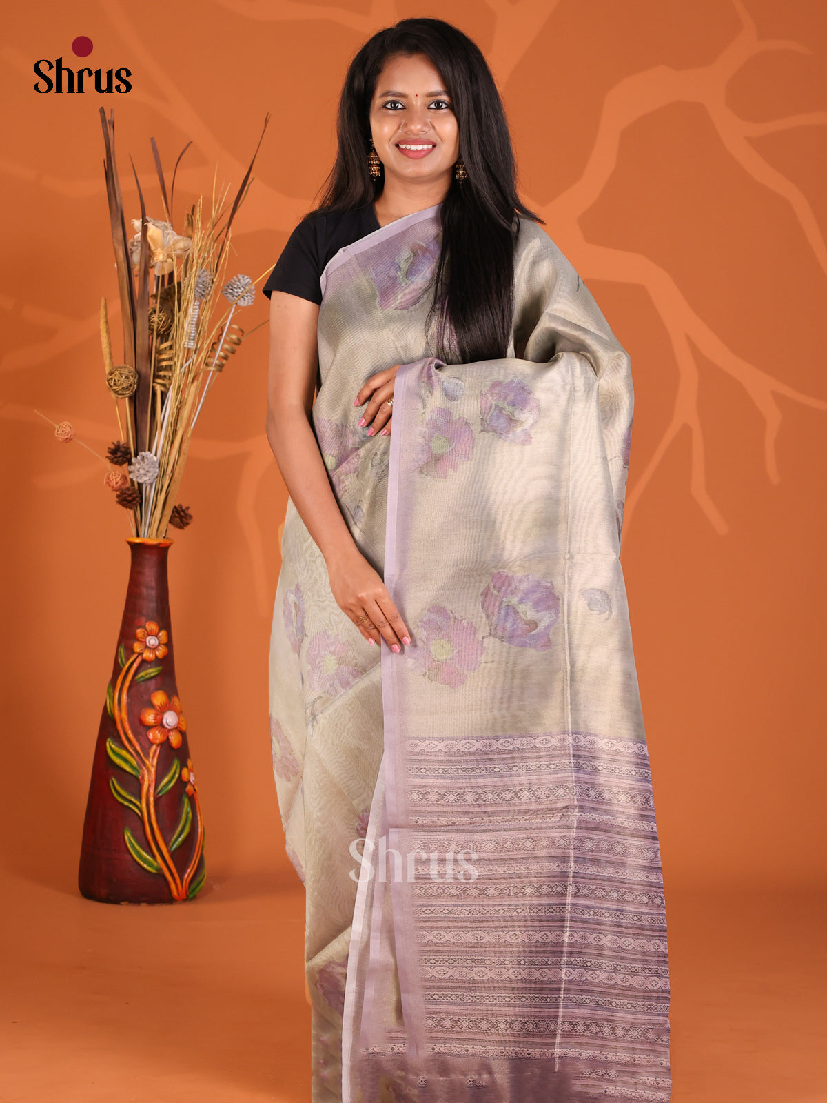 Green & Lavender - Semi Tissue Print Saree
