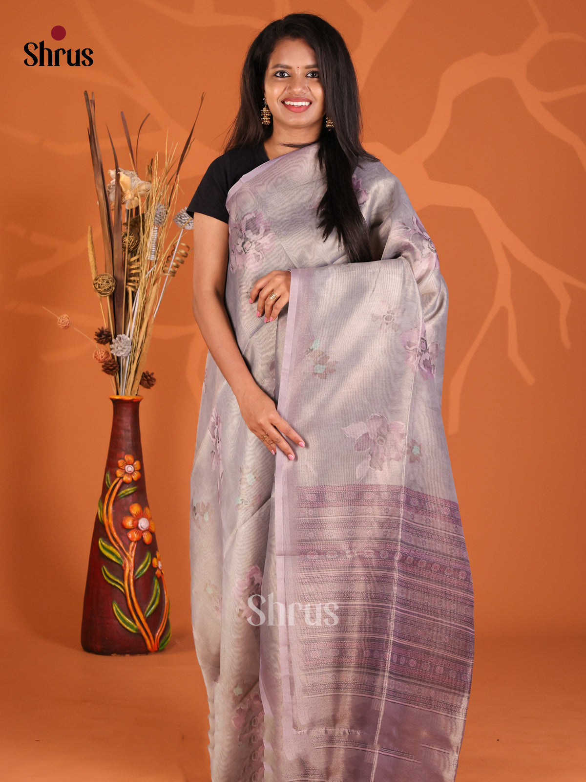 Grey & Lavender- Semi Tissue Print Saree