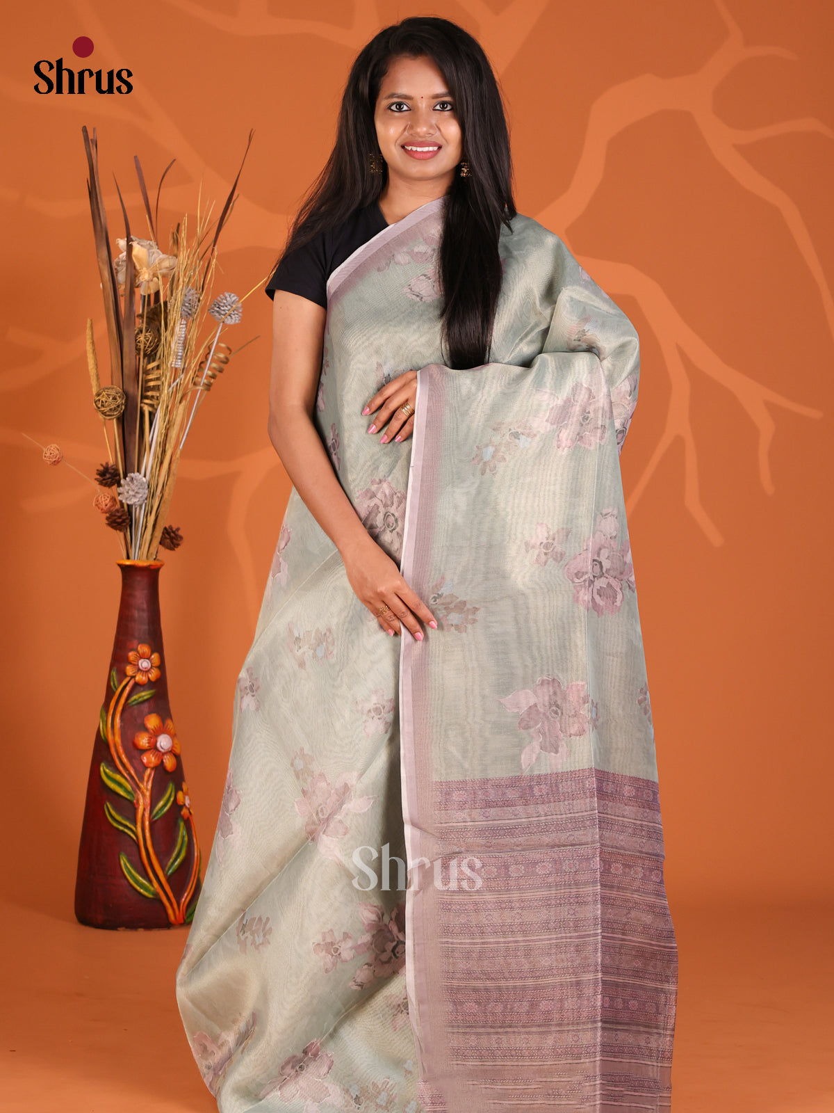 Green & Lavender - Semi Tissue Print Saree