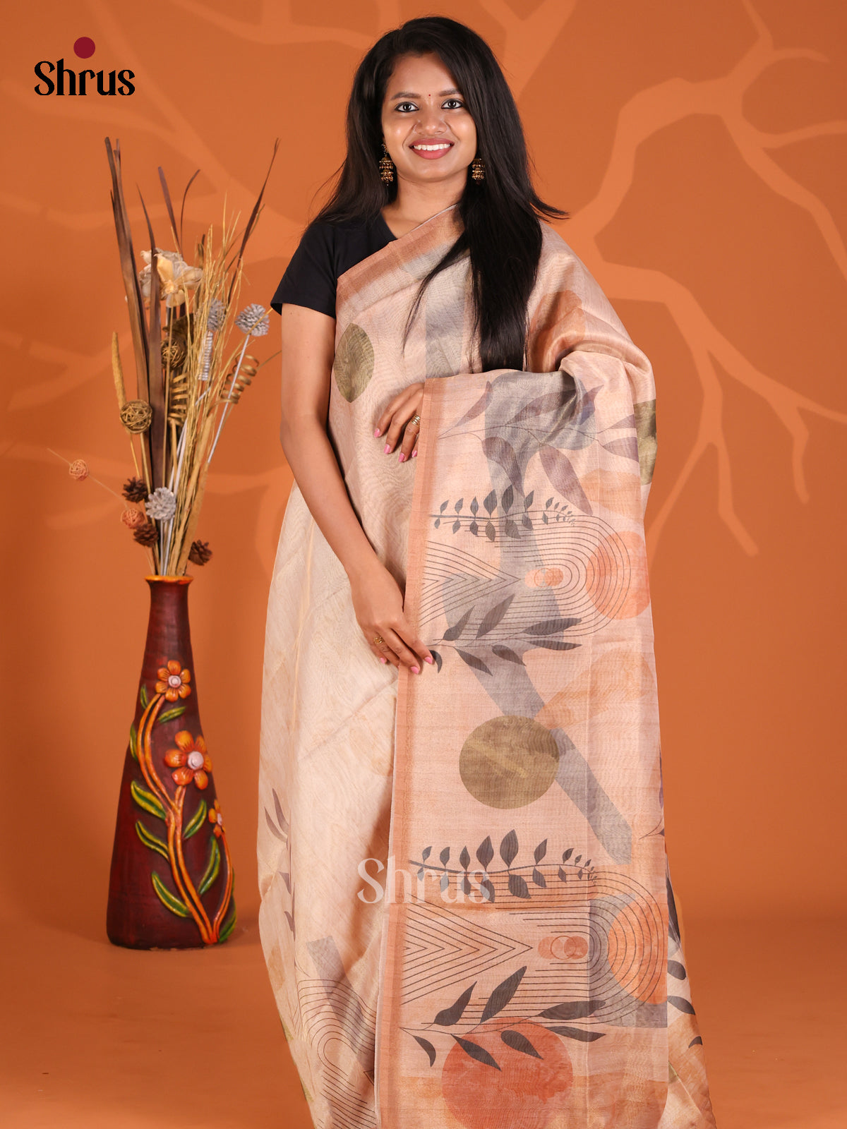 Peach & Brown - Semi Tissue Print Saree