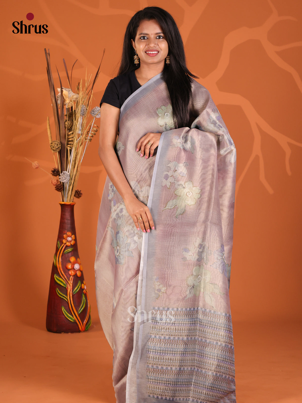 Mild Purple & Grey- Semi Tissue Print Saree