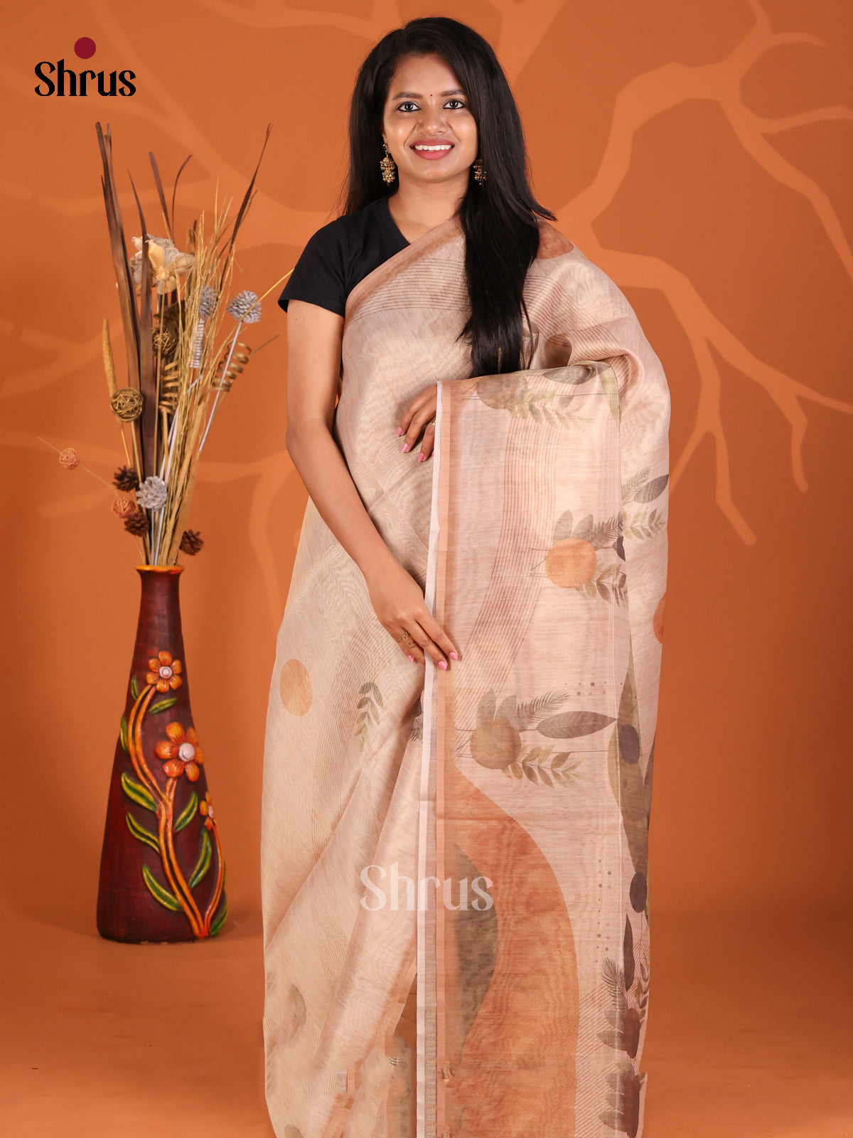 Dusty Brown - Semi Tissue Print Saree