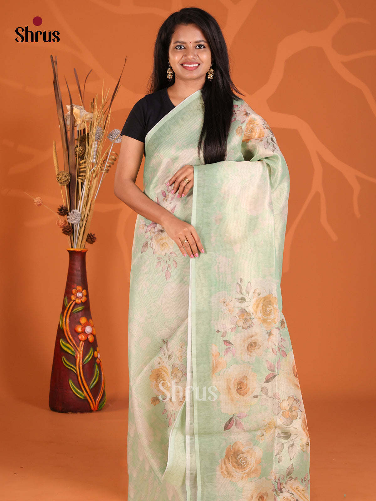 Green - Semi Tissue Print Saree
