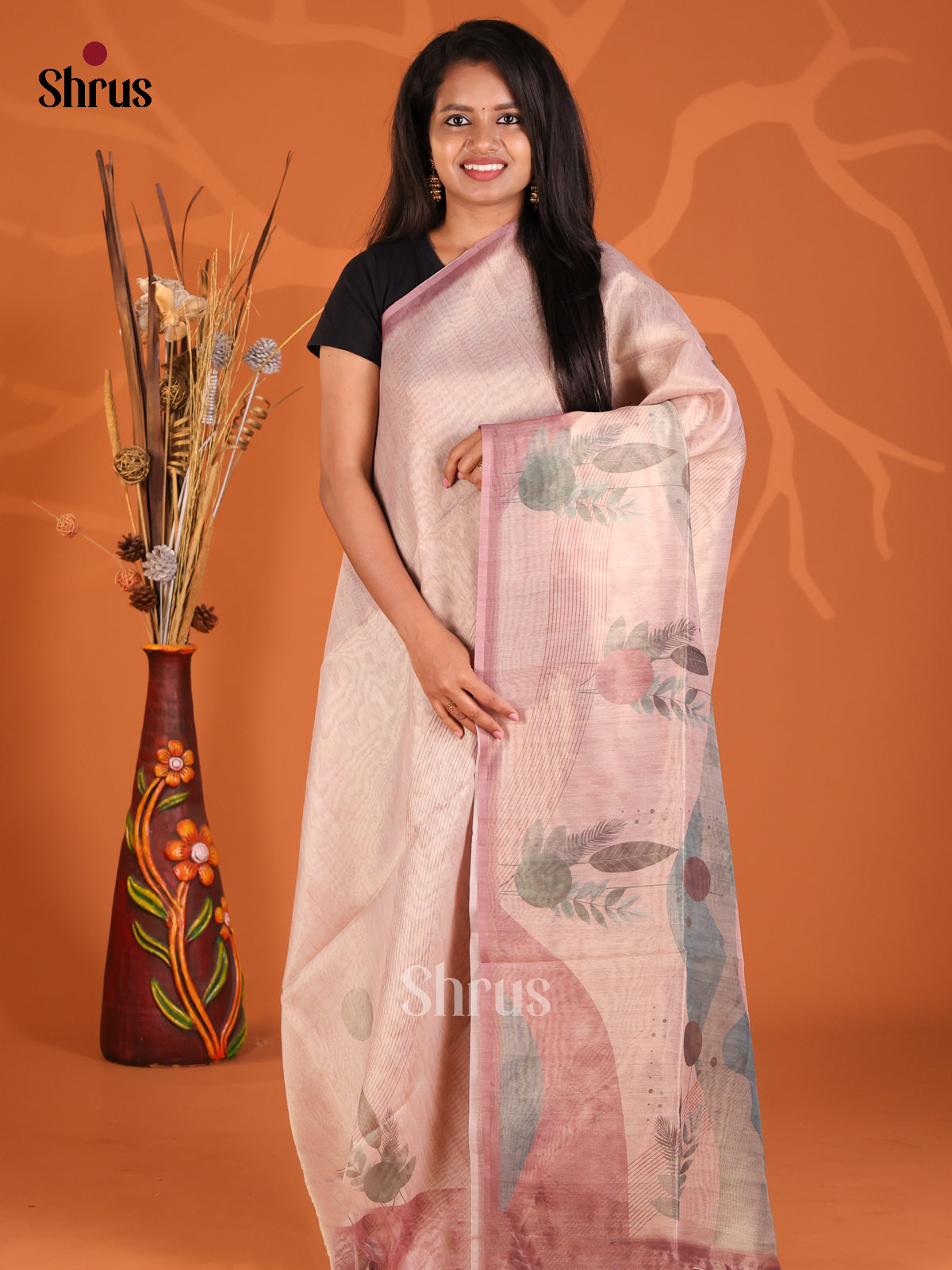 Dusty Pink - Semi Tissue Print Saree - Shop on Shrus.com