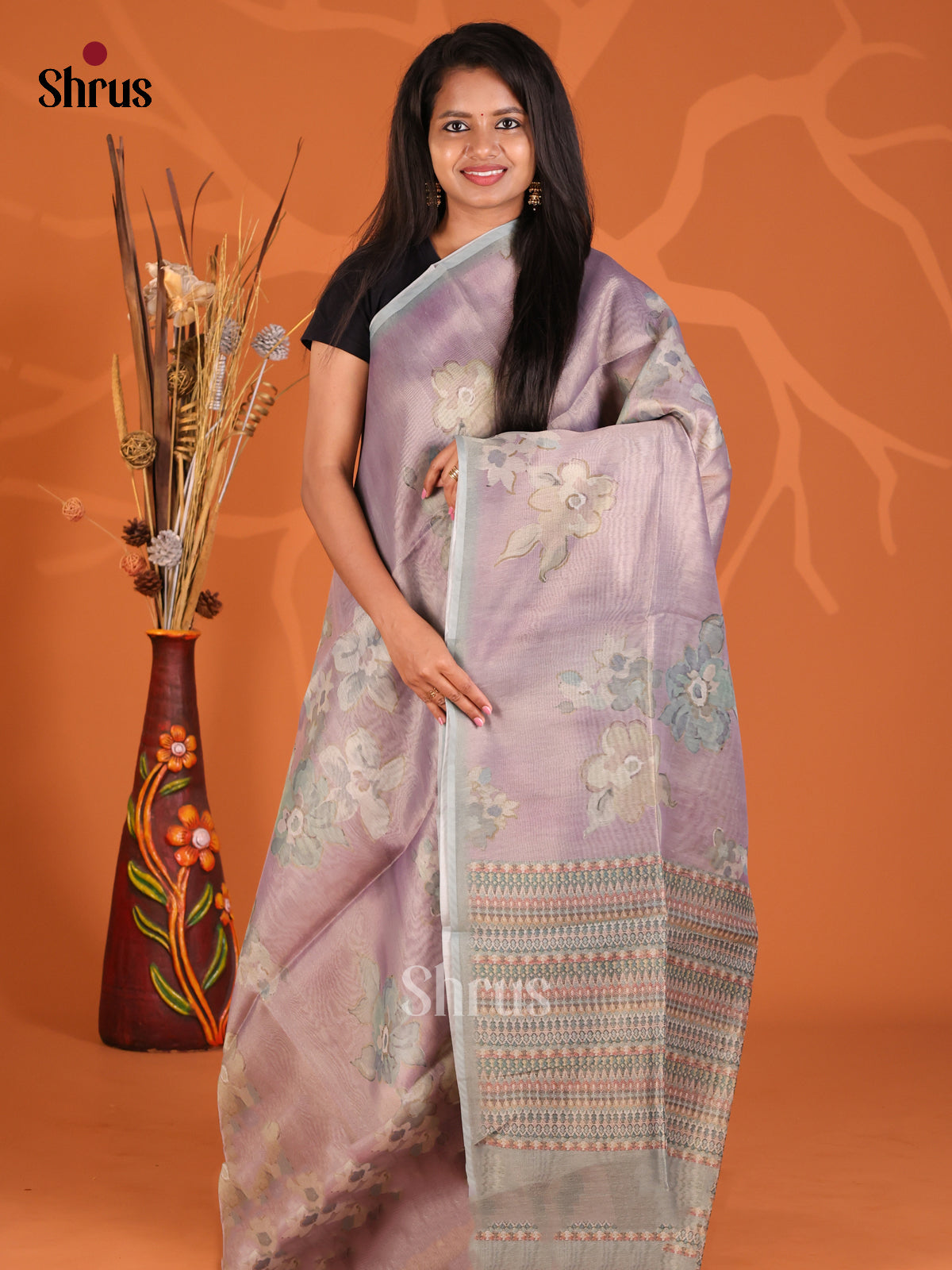 Lavender & Grey - Semi Tissue Print Saree