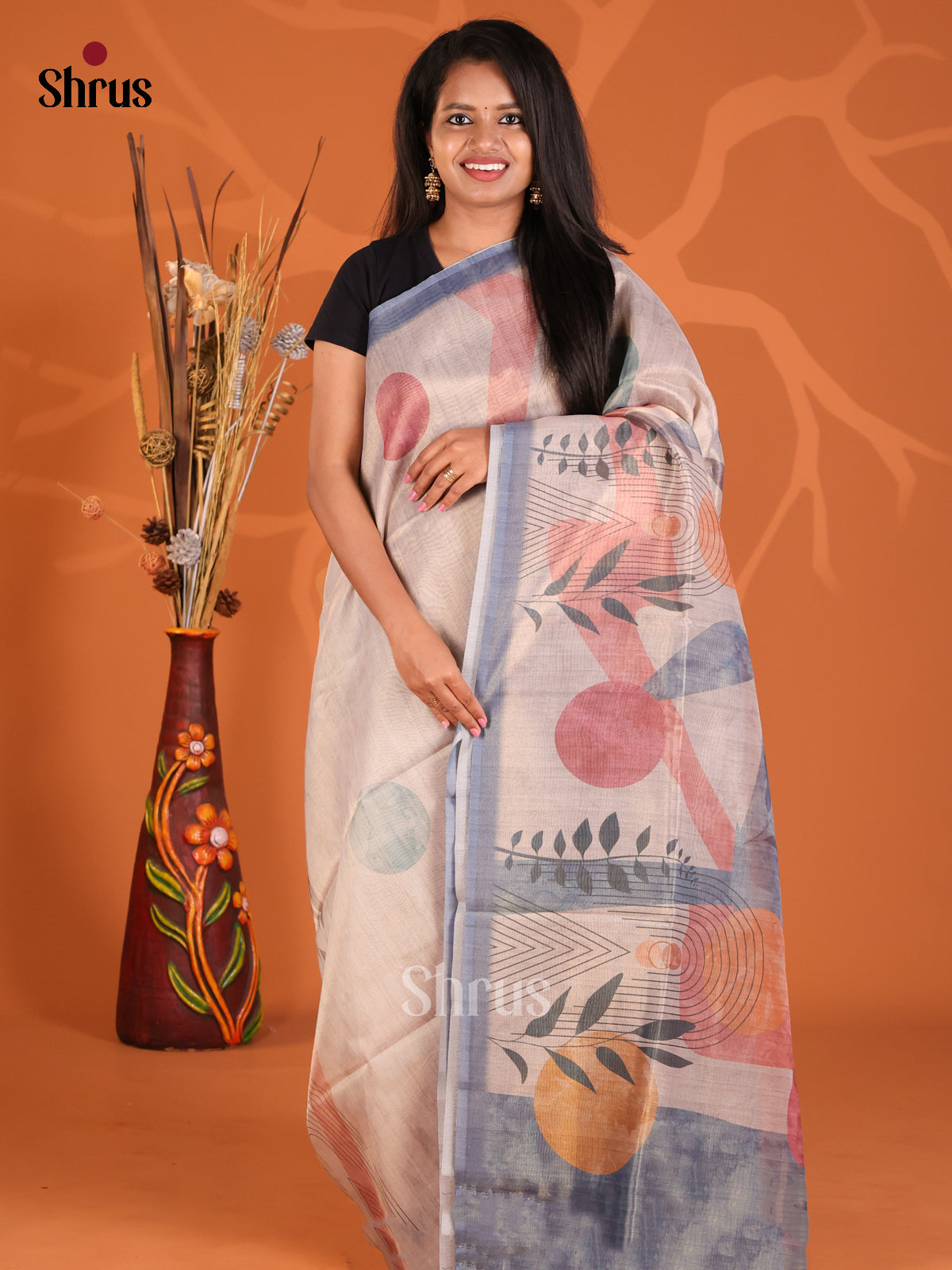 Grey- Semi Tissue Print Saree