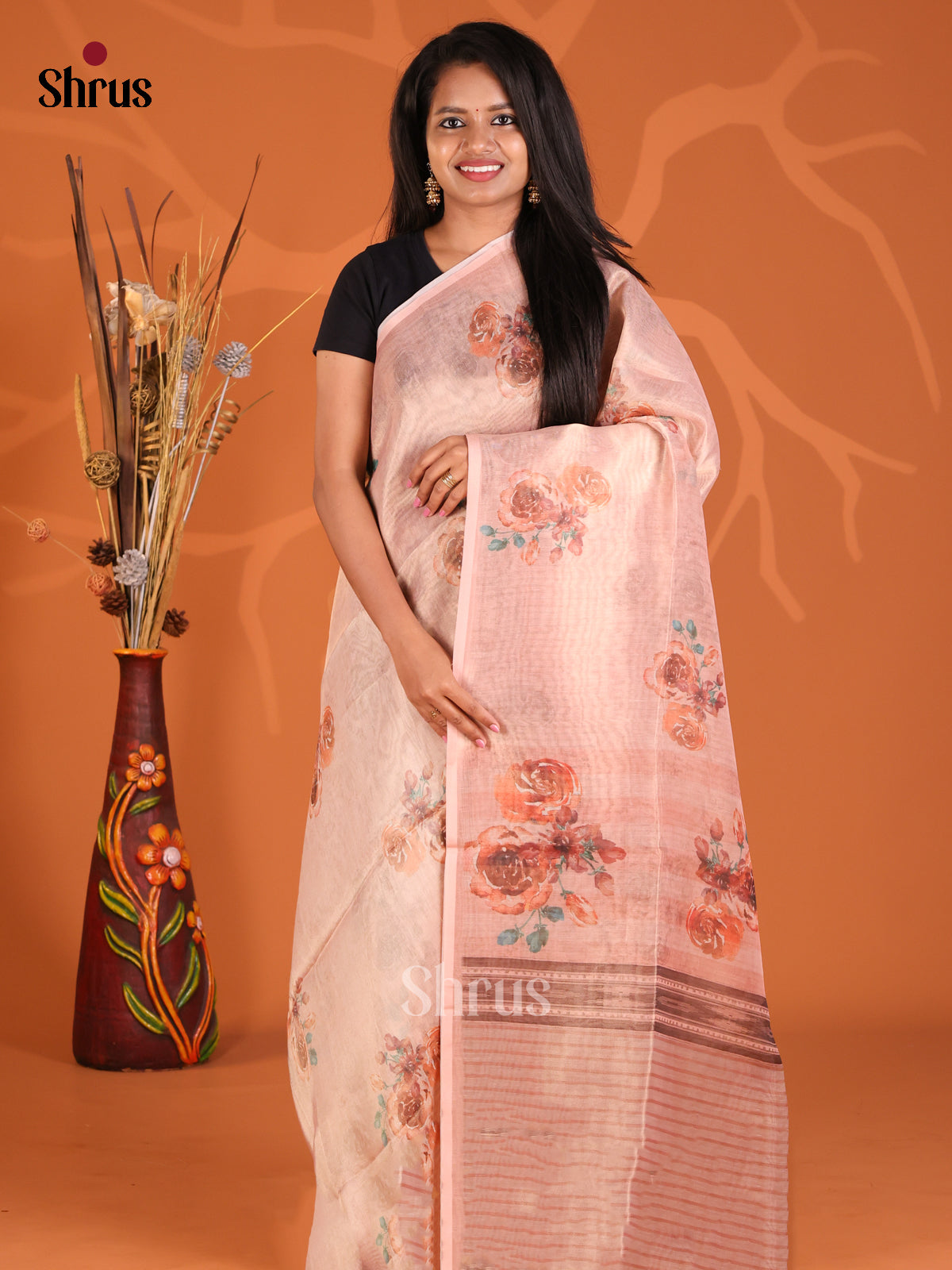 Pink - Semi Tissue Print Saree
