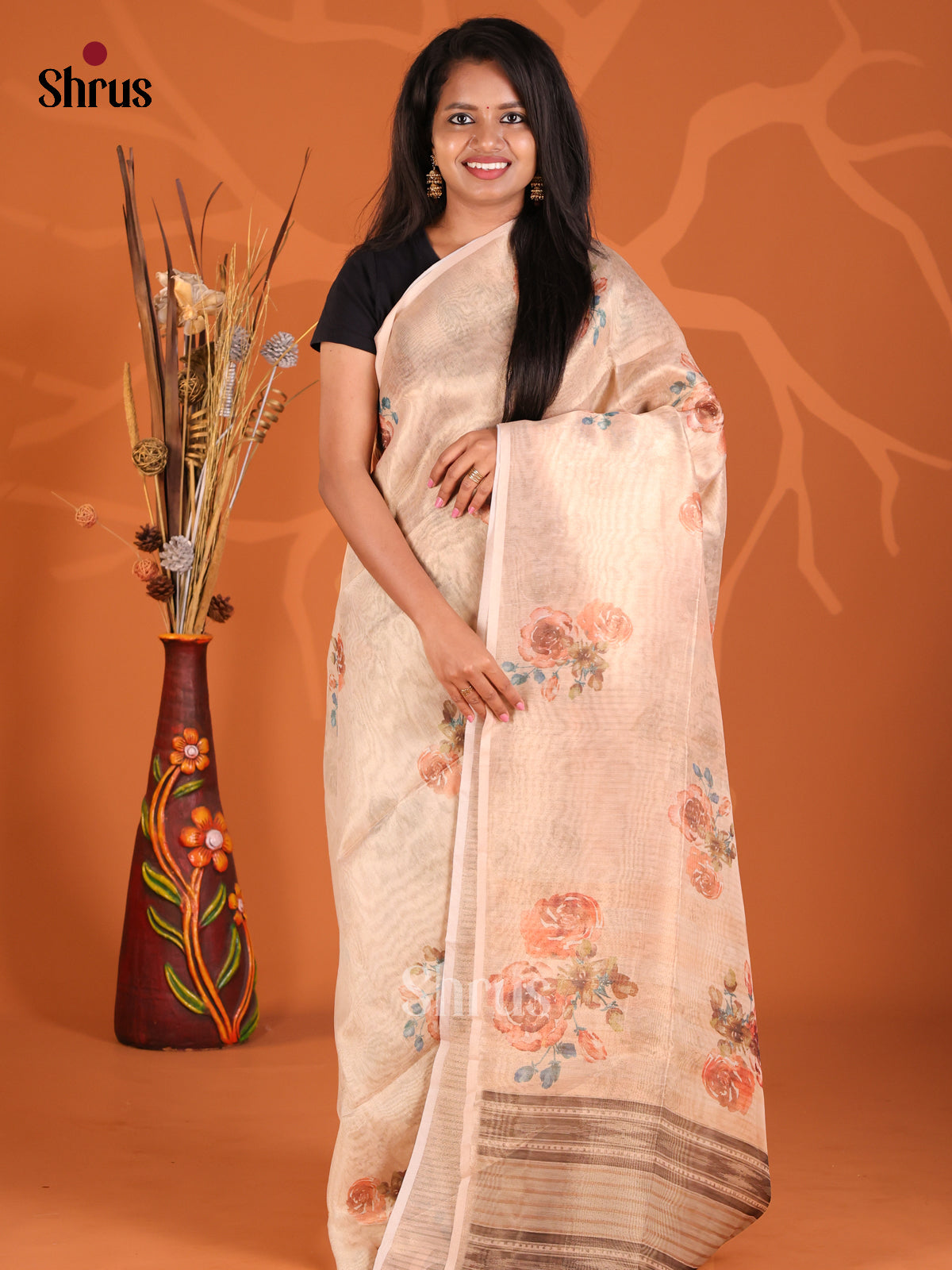 Peach - Semi Tissue Print Saree