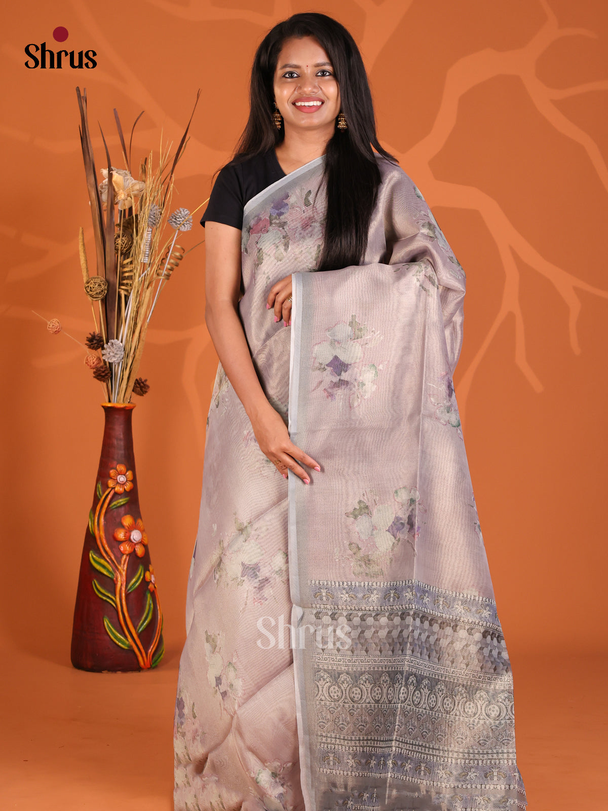 Purple & Grey- Semi Tissue Print Saree