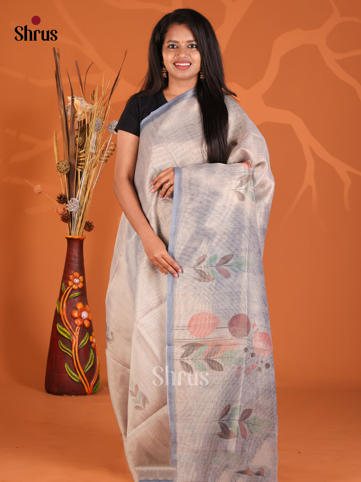 Greyish Blue - Semi Tissue Print Saree