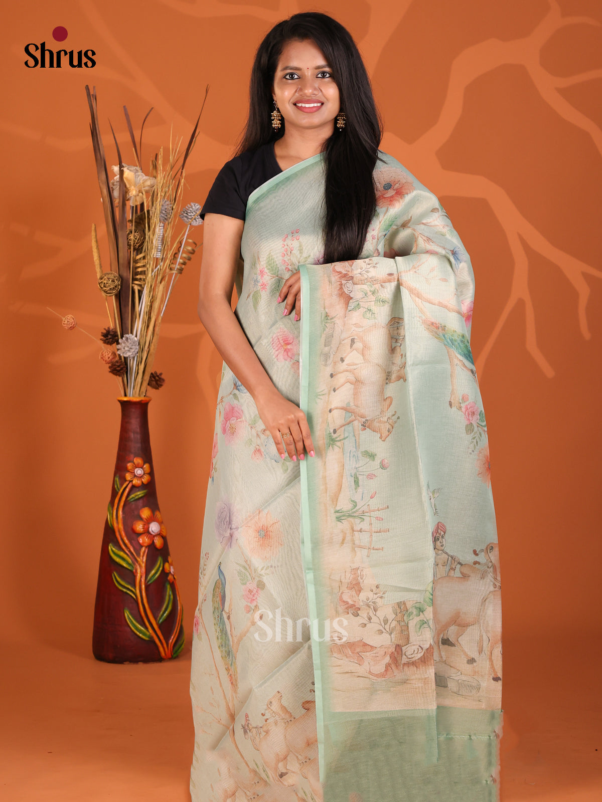 Ice Green - Semi Tissue Print Saree - Shop on Shrus.com