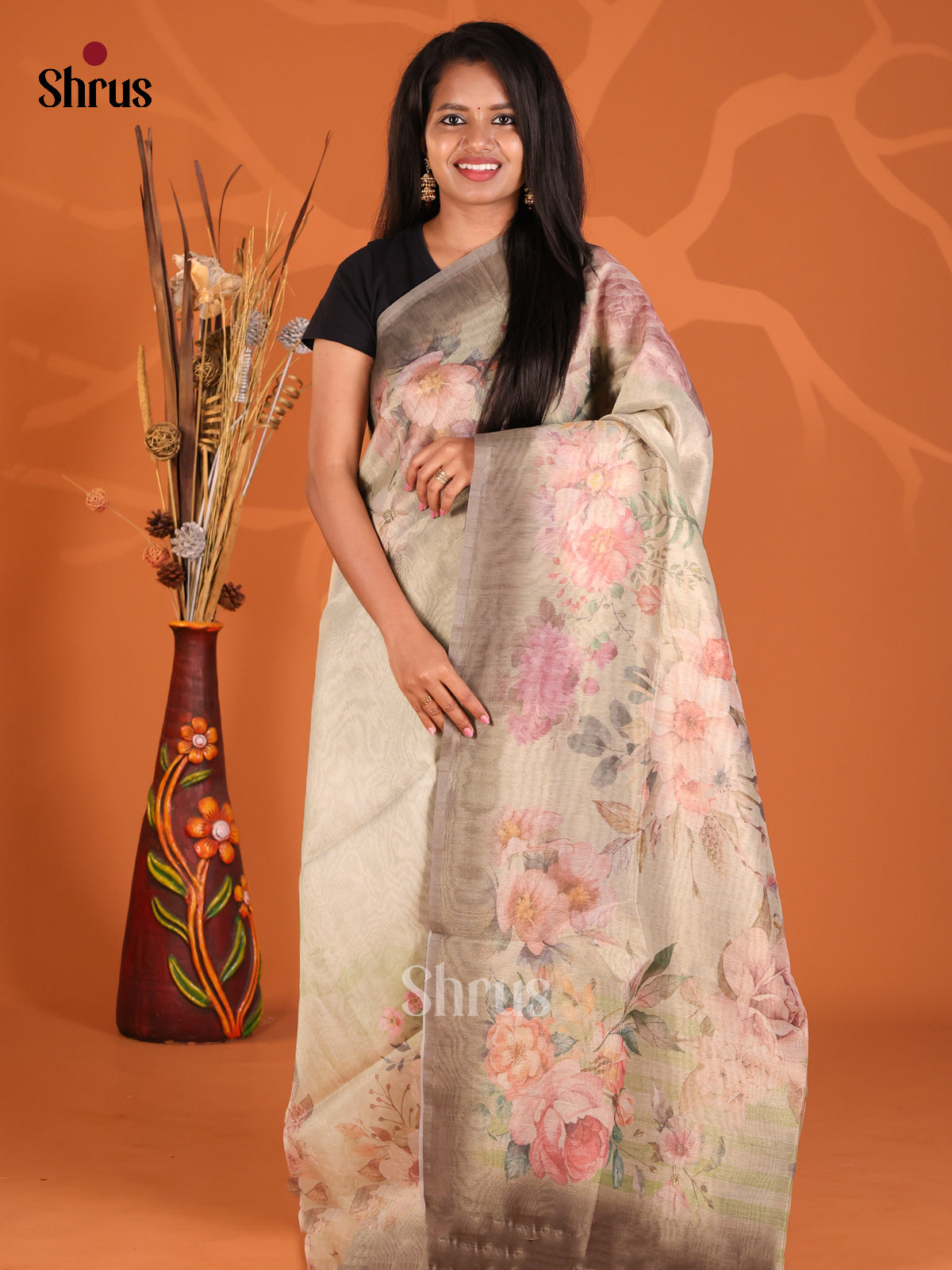 Grey - Semi Tissue Print Saree