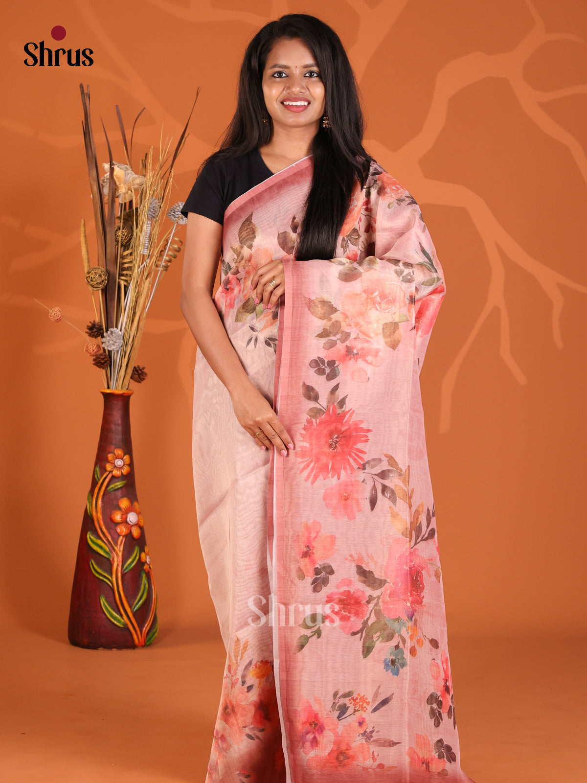 Pink - Semi Tissue Print Saree