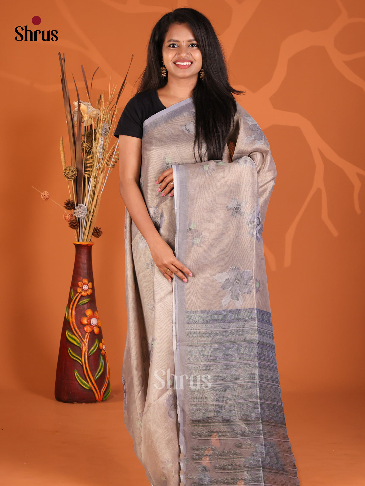 Grey & Blue- Semi Tissue Print Saree
