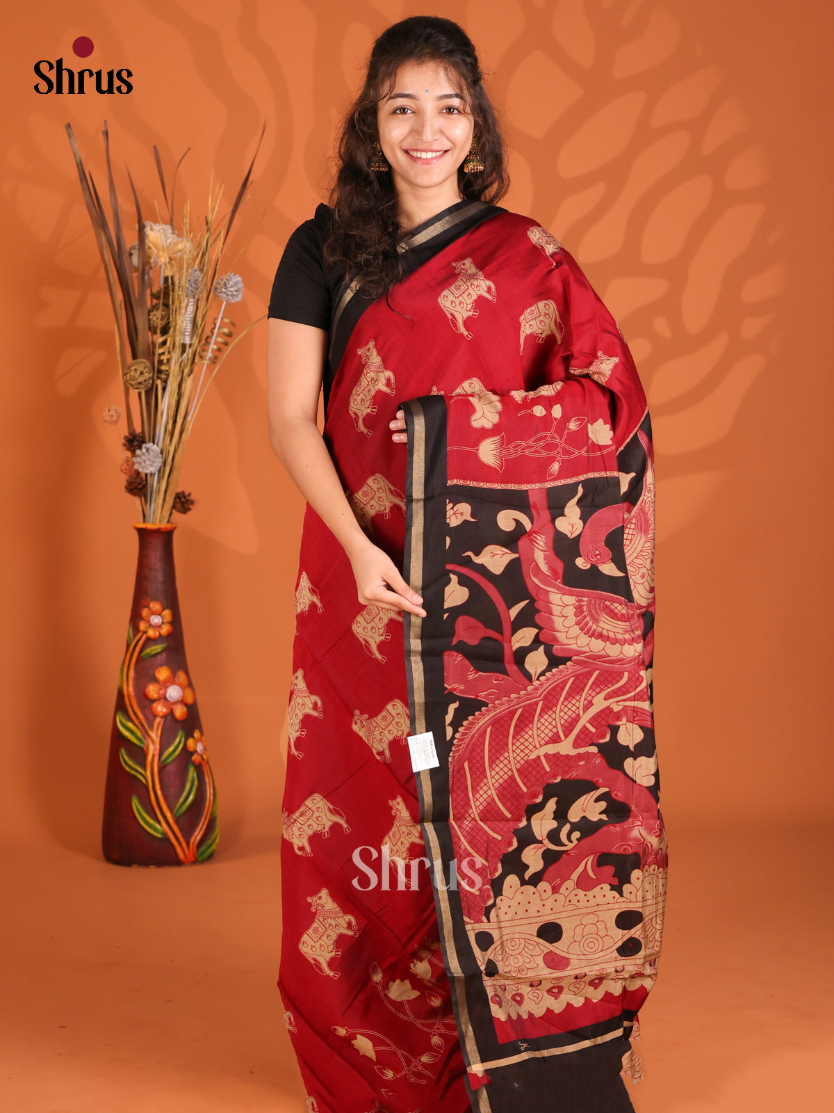 Red & Black - Semi Maheshwari Saree - Shop on Shrus.com