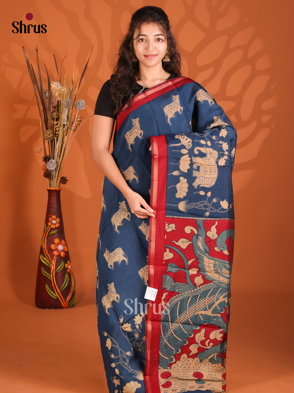 Blue & Red - Semi Maheshwari Saree