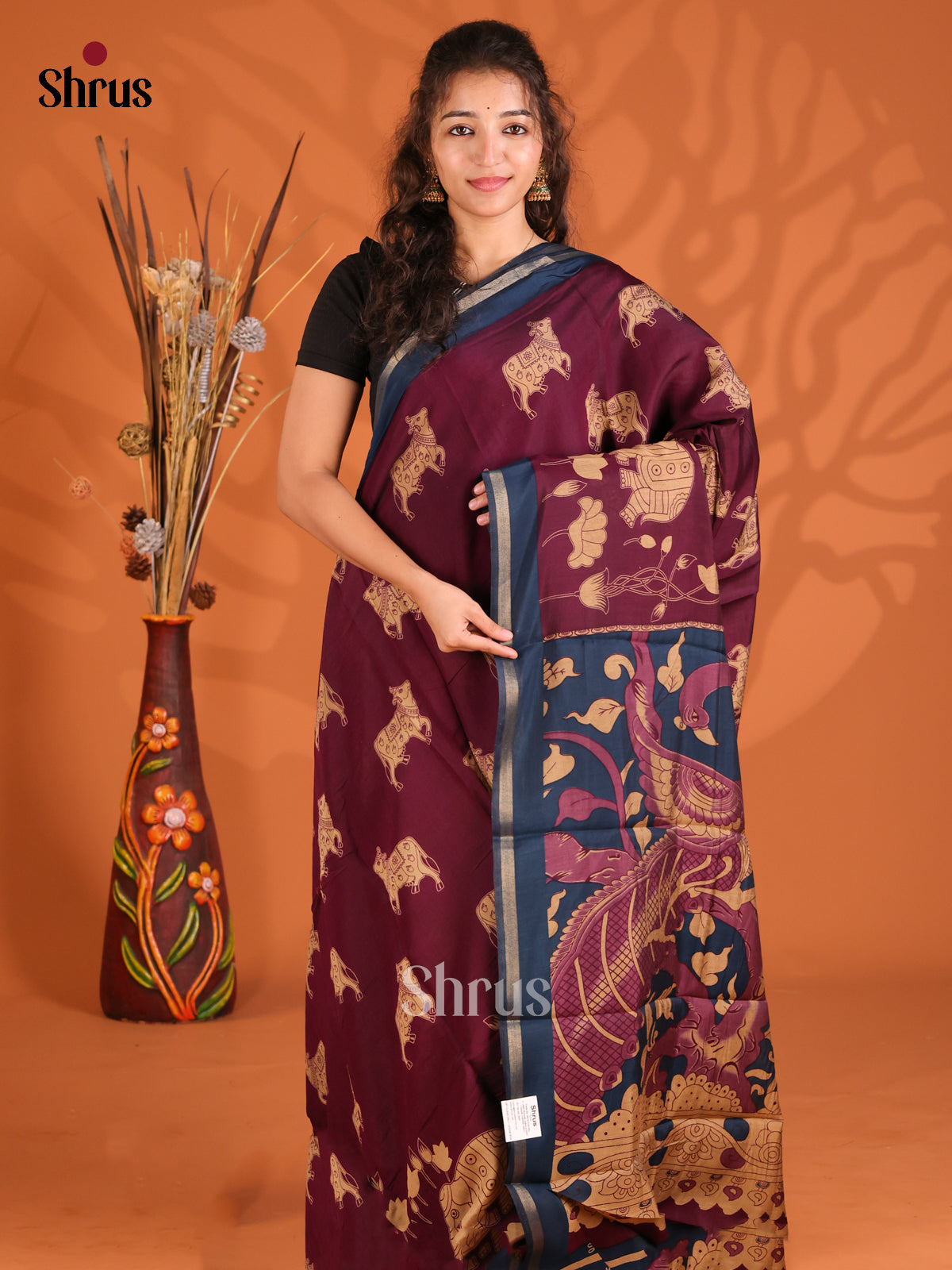 Maroon & Blue - Semi Maheshwari Saree - Shop on Shrus.com
