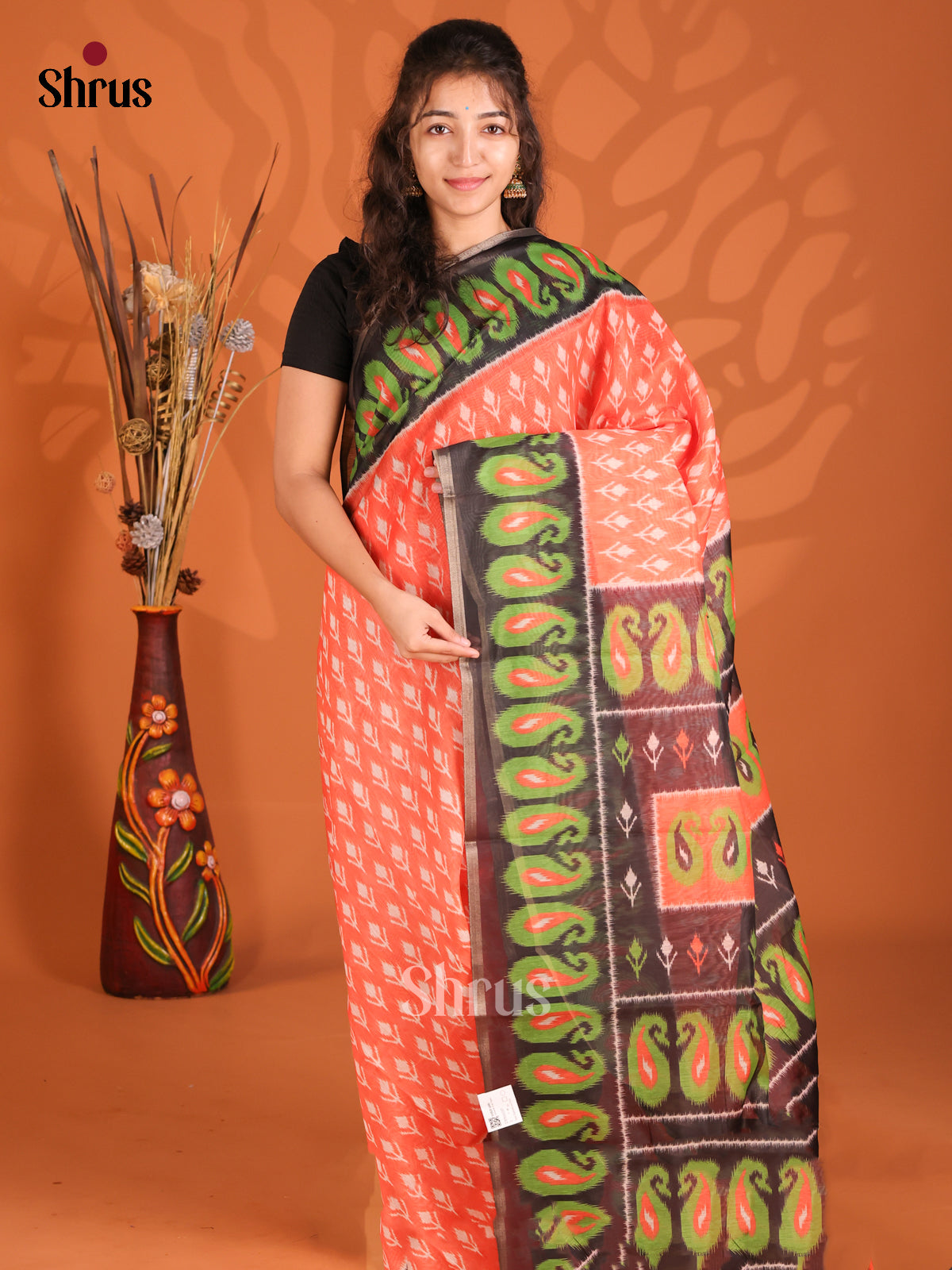 Peach & Black - Semi Maheswari saree - Shop on Shrus.com