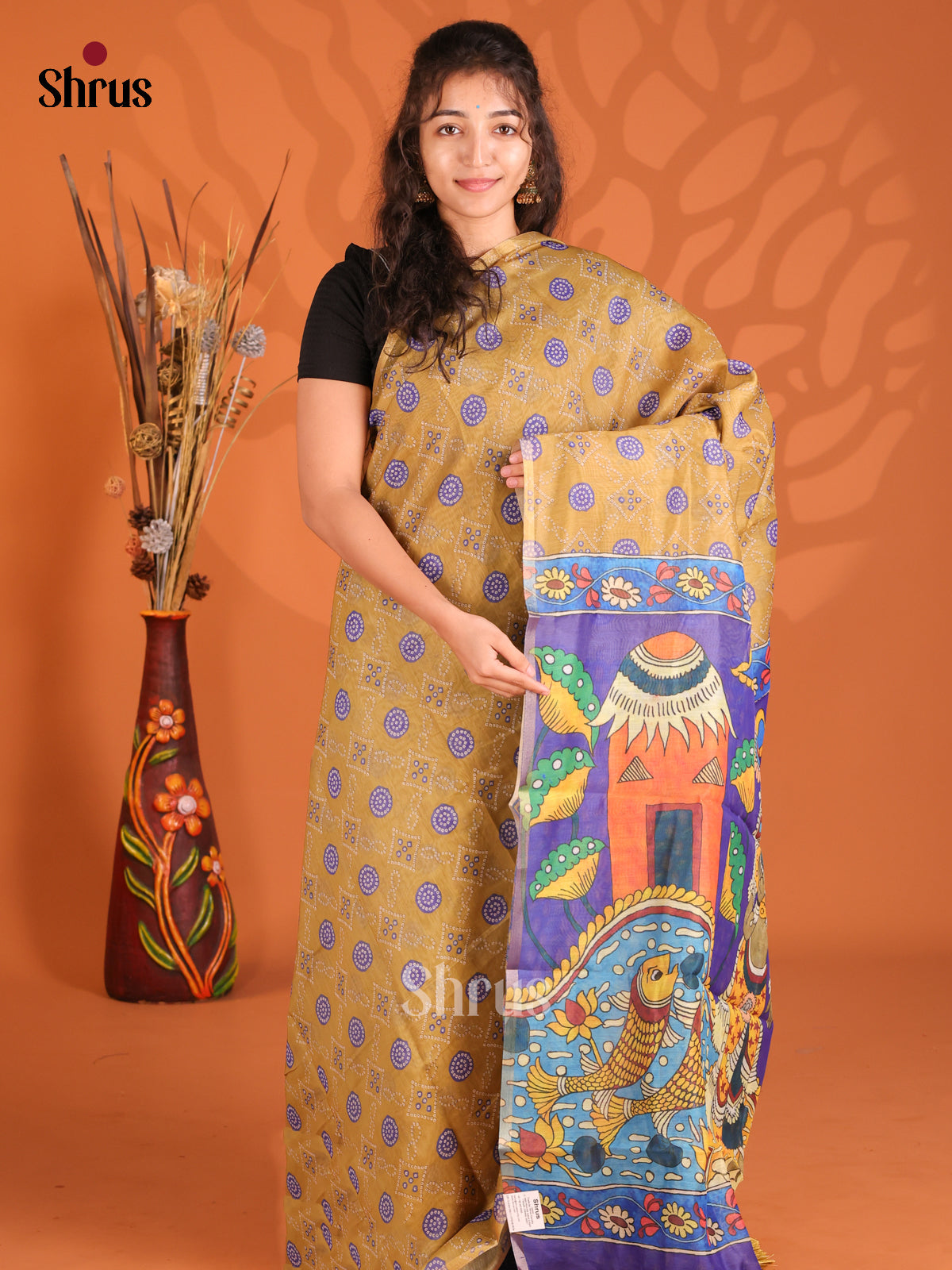 Mustard & Purple - Semi Maheshwari Saree - Shop on Shrus.com