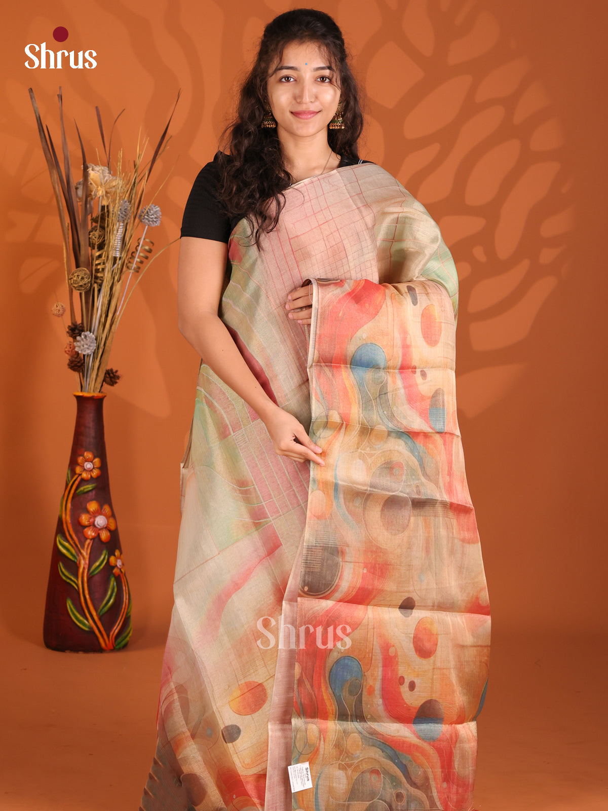 Dusty Green & Brown- Semi Tissue Print Saree
