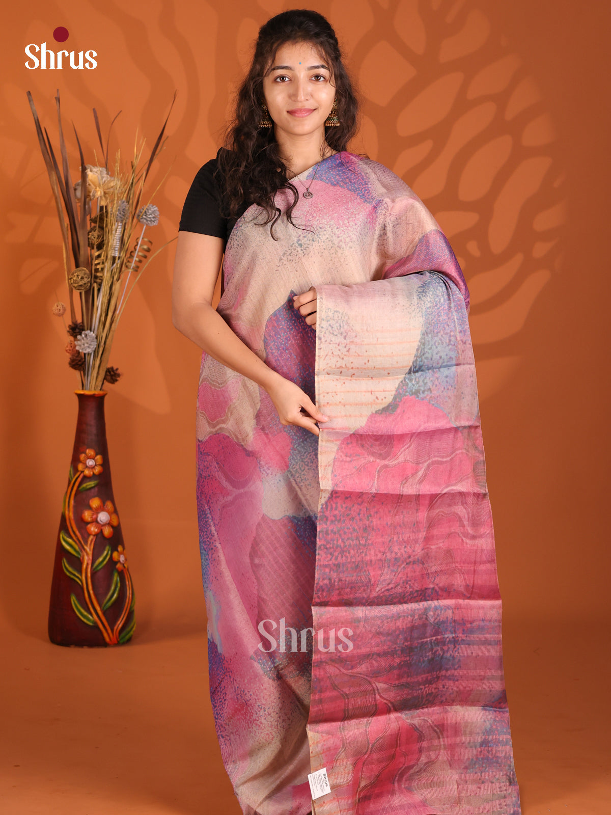 Dusty Pink & Pink - Semi Tissue Print Saree