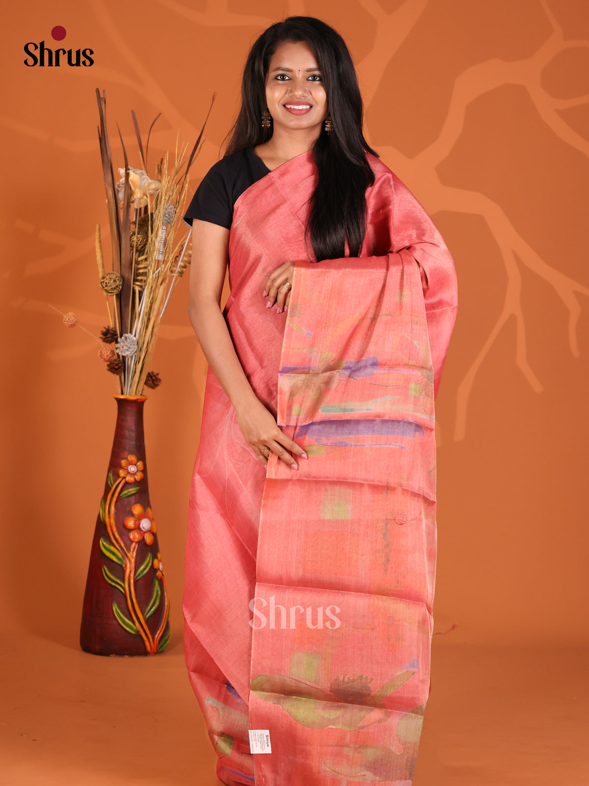 Pink  - Semi Tissue Print Saree