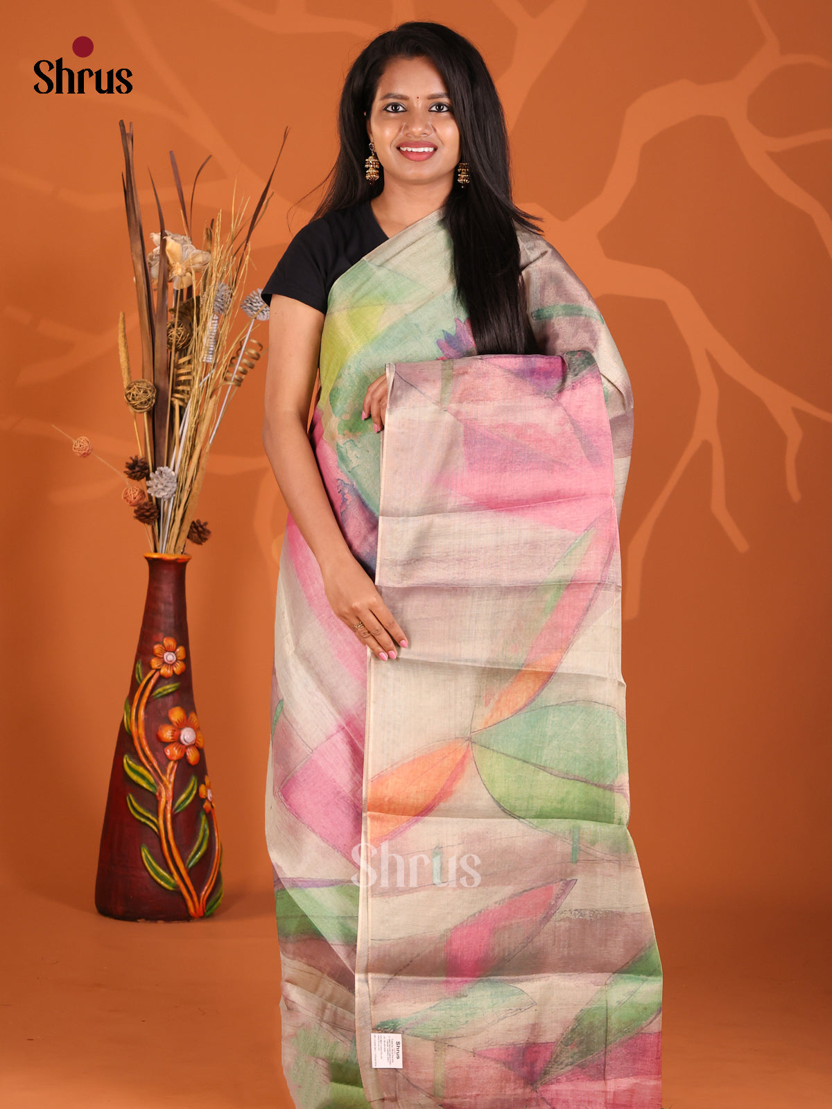 Green & Pink - Semi Tissue Print Saree