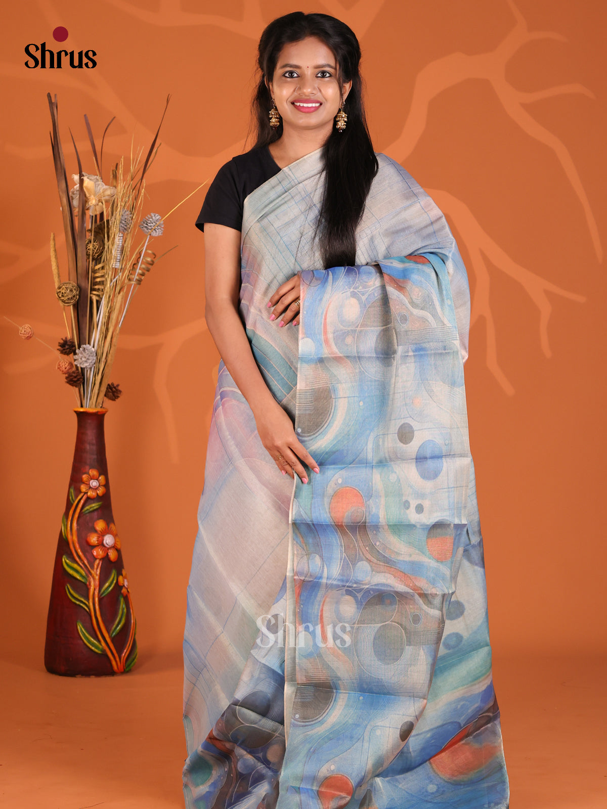 Blue - Semi Tissue Print Saree