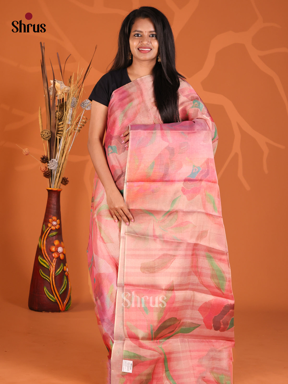 Pink - Semi Tissue Print Saree