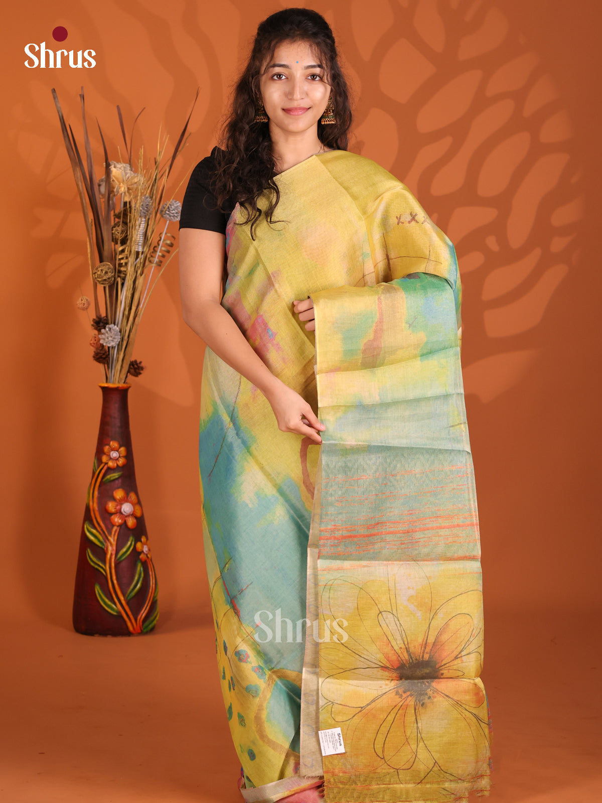 Yellow & blue- Semi Tissue Print Saree