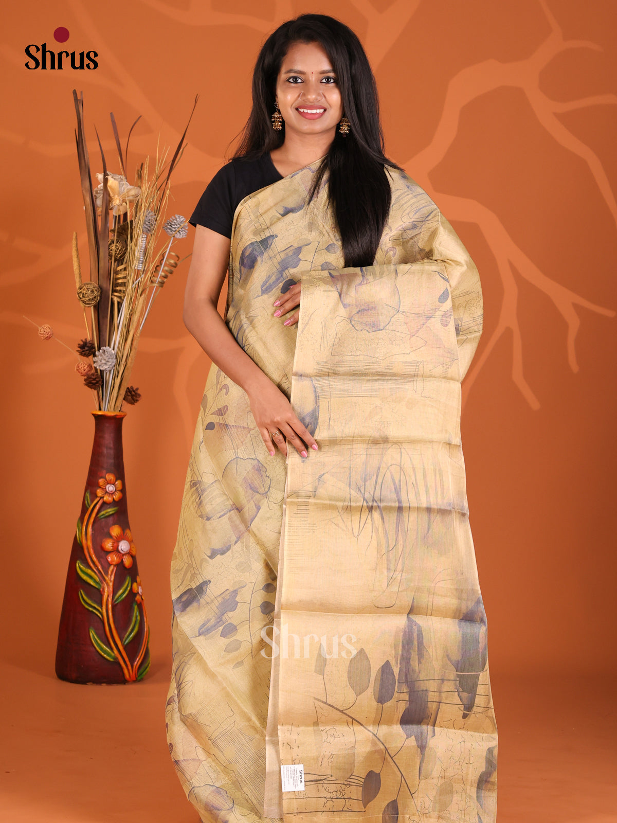 Pale Yellow - Semi Tissue Print Saree