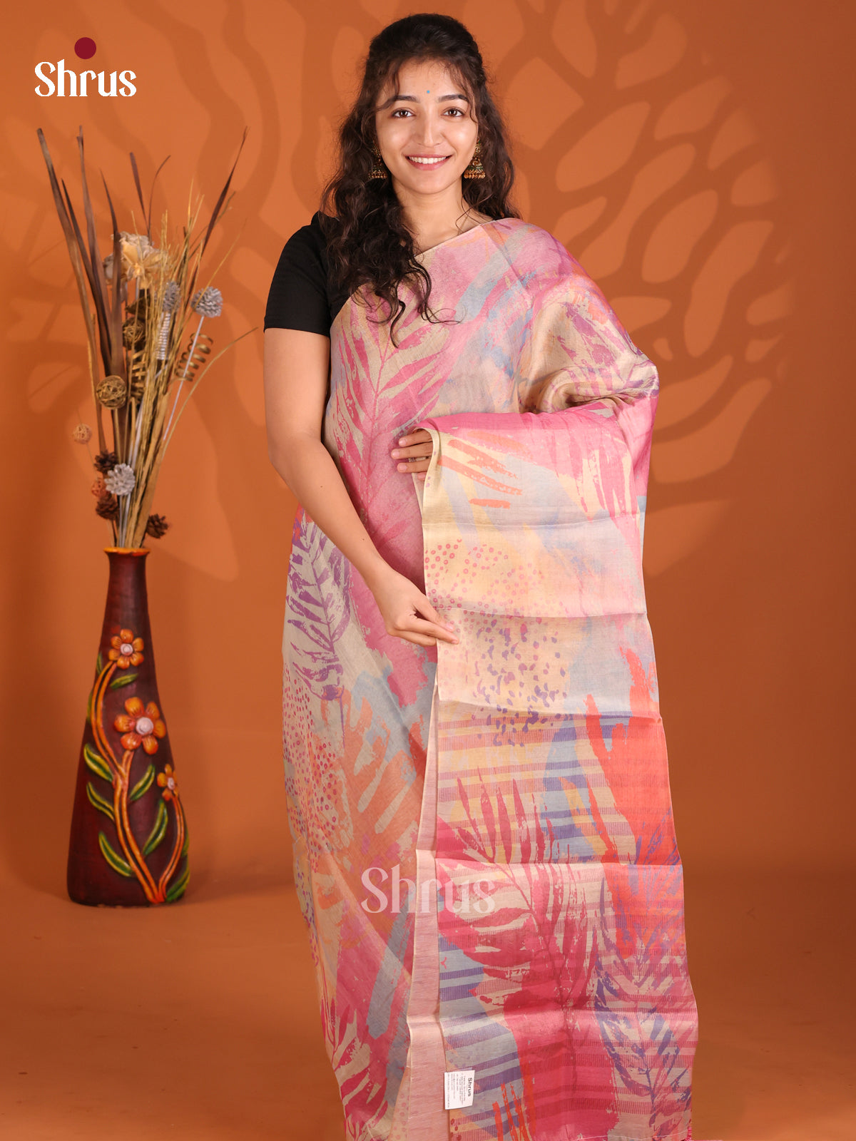 Pink - Semi Tissue Print Saree