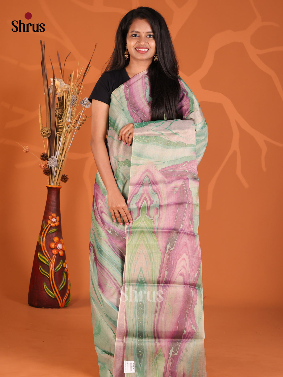 Green & Purple - Semi Tissue Print Saree - Shop on Shrus.com