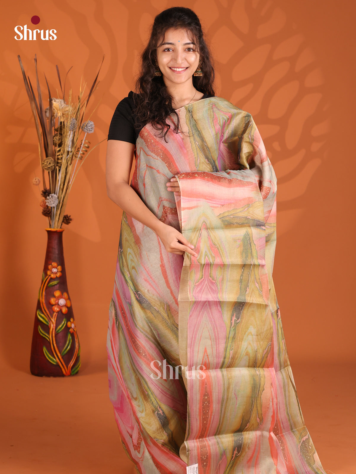 Grey & Green - Semi Tissue Print Saree
