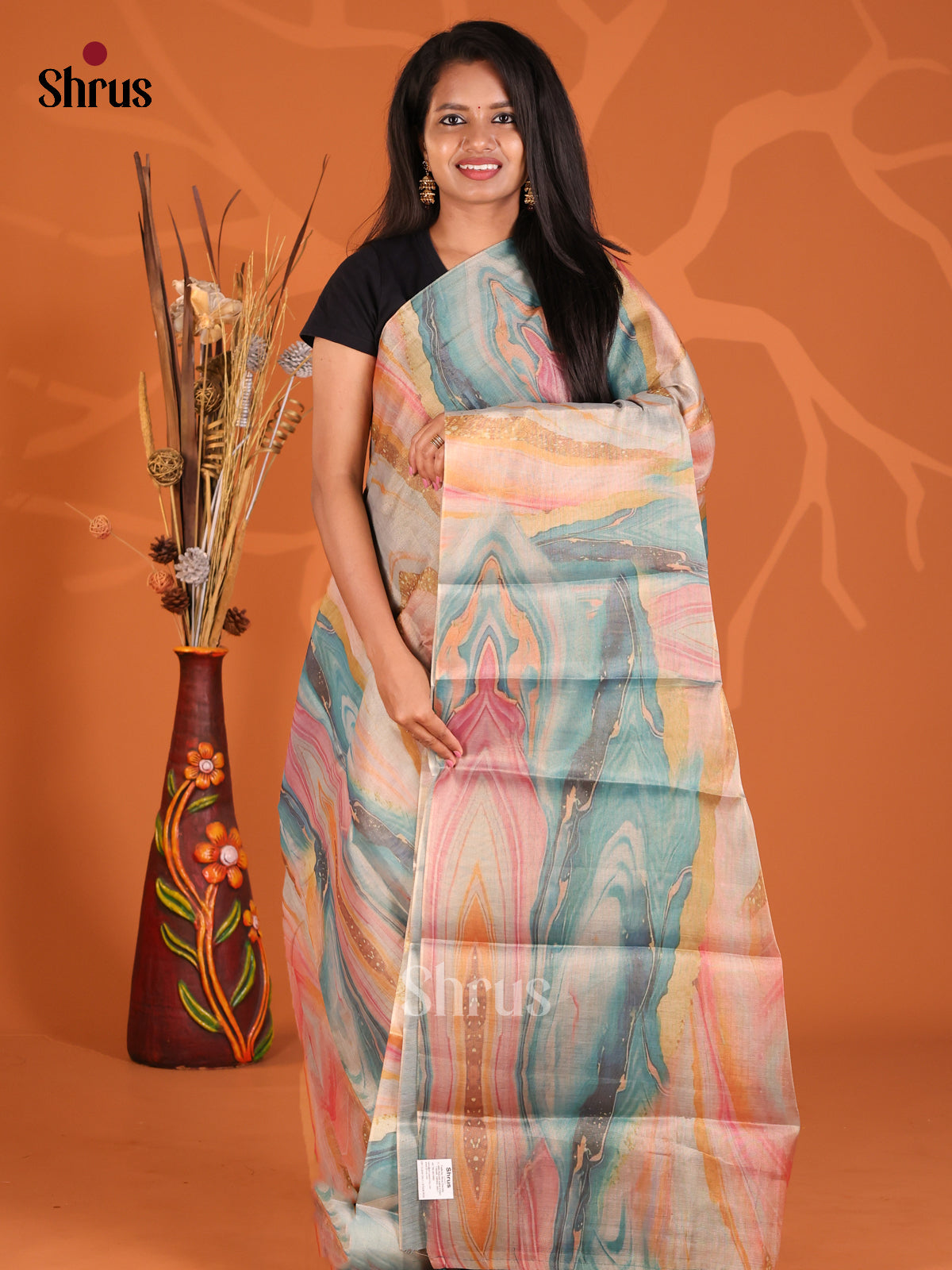Peach & Blue- Semi Tissue Print Saree