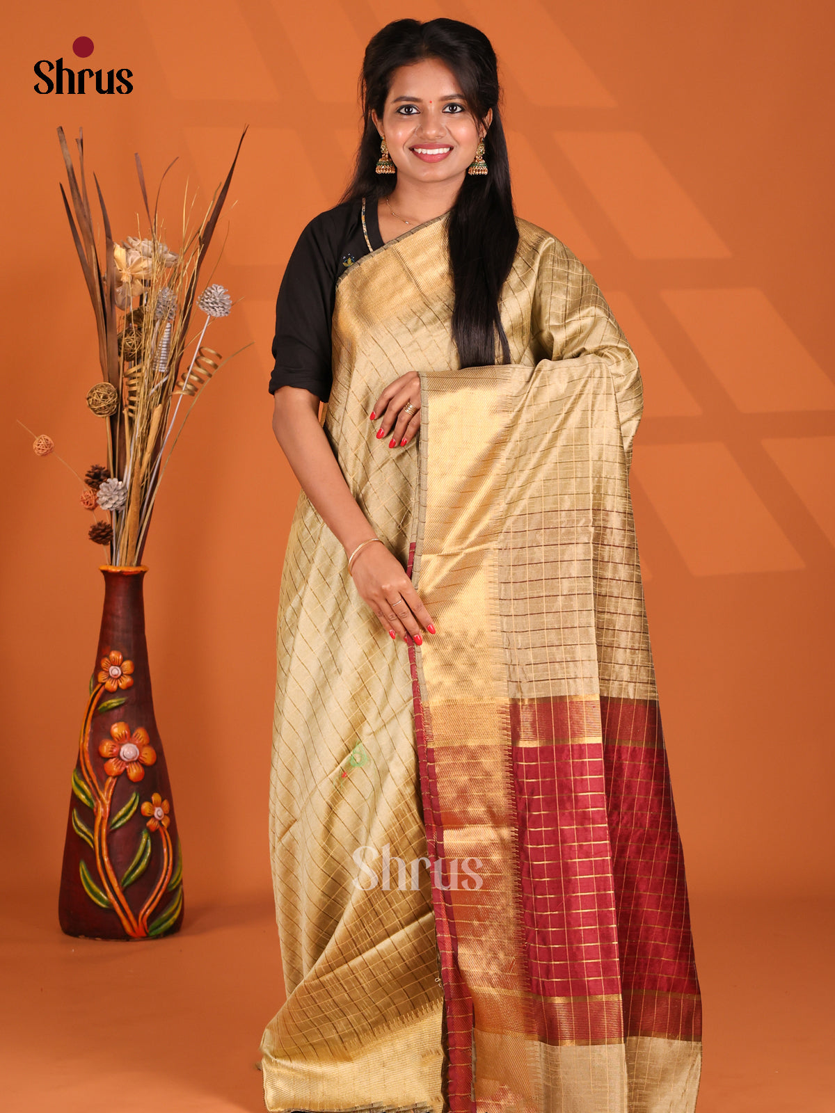 Cream & Maroon- Semi Rawsilk Saree