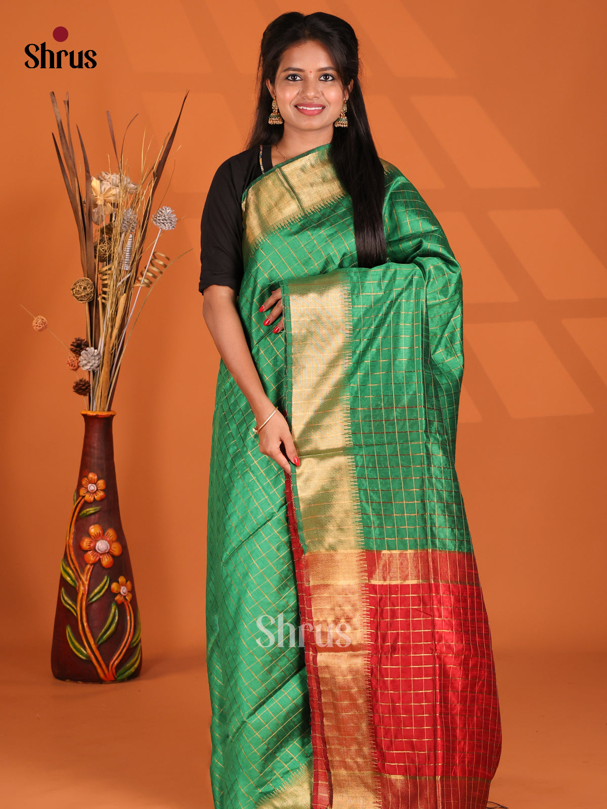 Green & Red- Semi Rawsilk Saree - Shop on Shrus.com