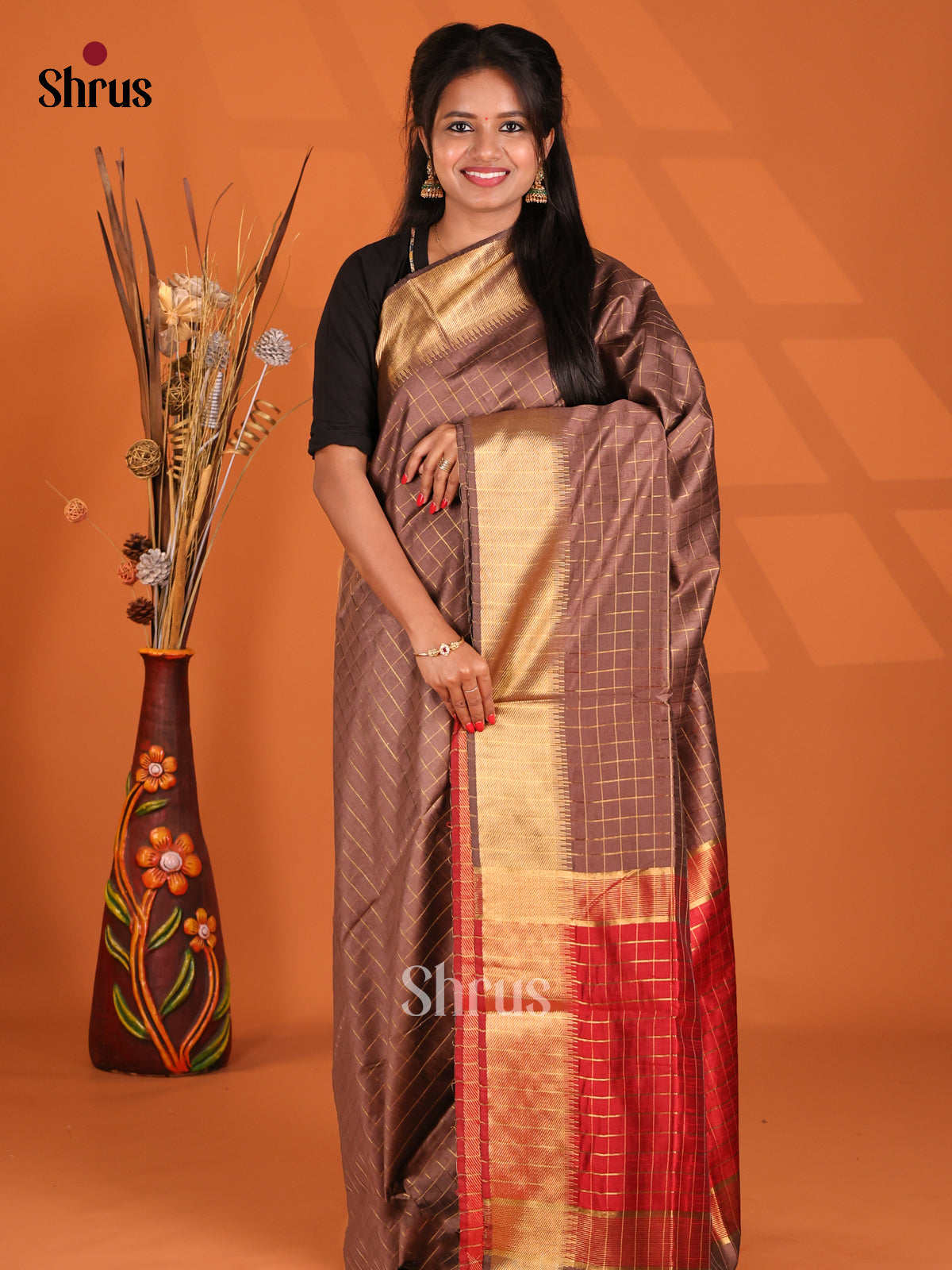 Brown & Red- Semi Rawsilk Saree
