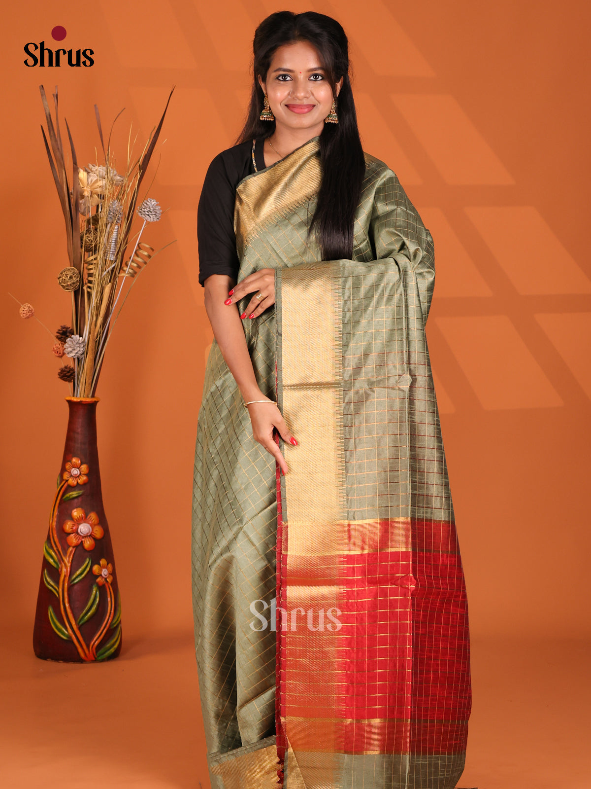 Grey & Red - Semi Rawsilk Saree - Shop on Shrus.com