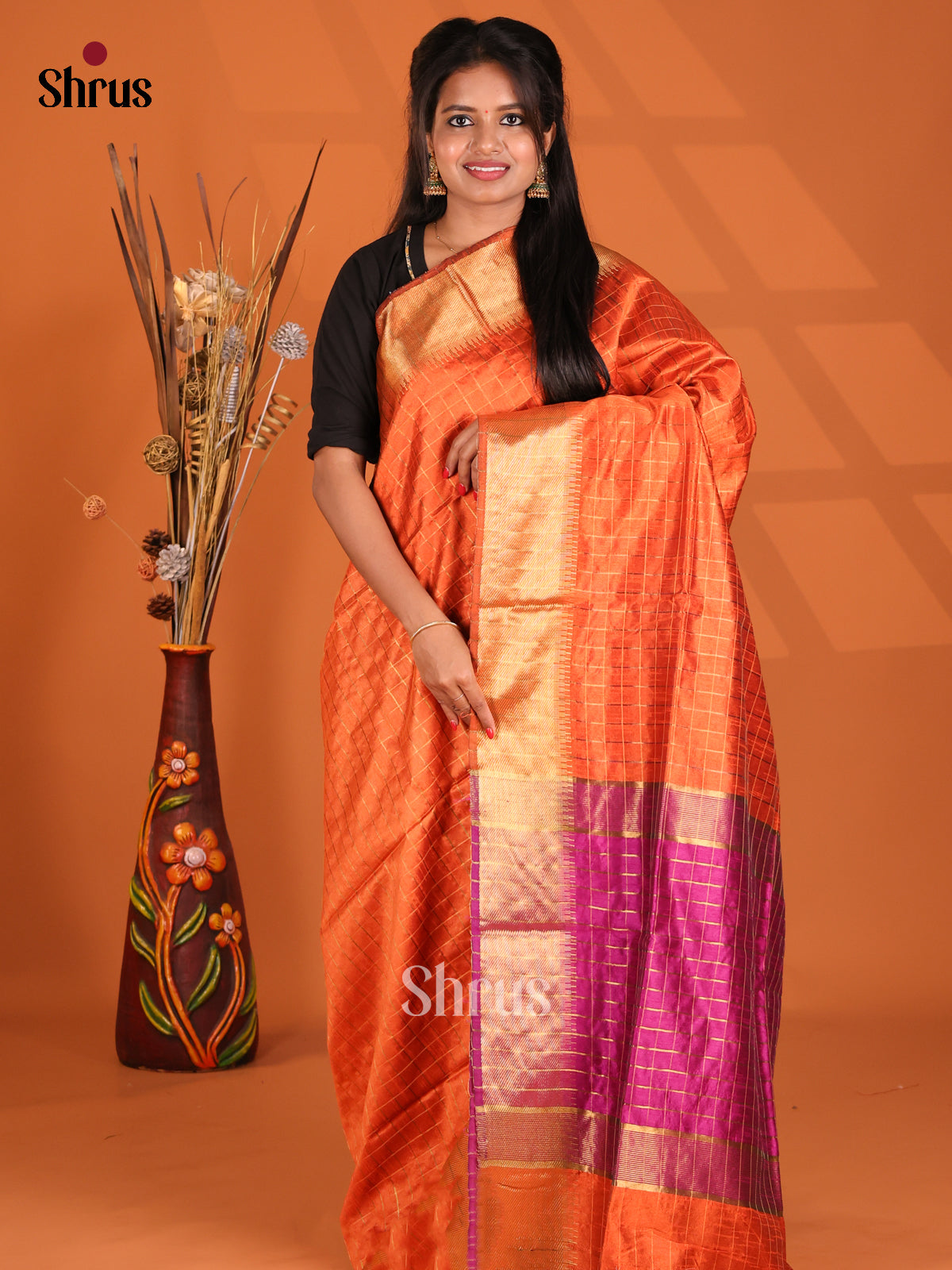 Orange & Majenta- Semi Rawsilk Saree - Shop on Shrus.com