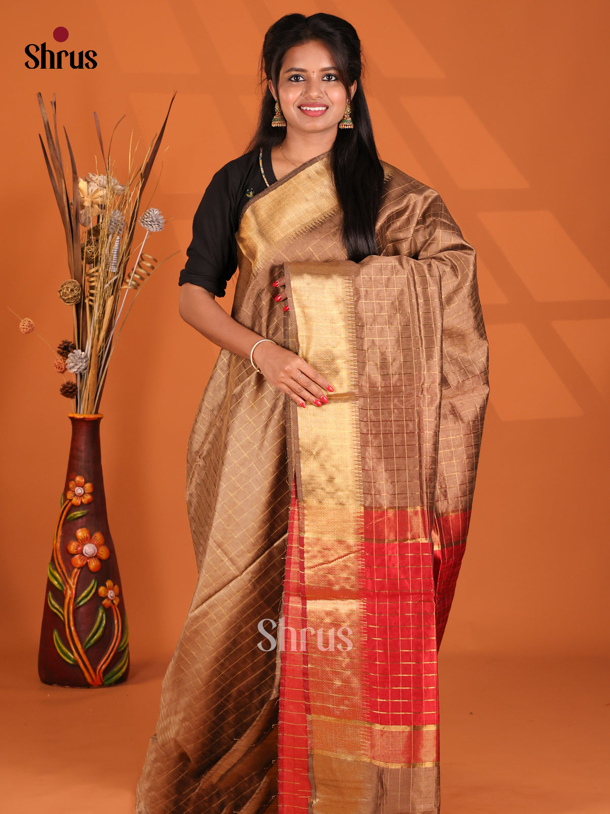 Brown & Red- Semi Rawsilk Saree